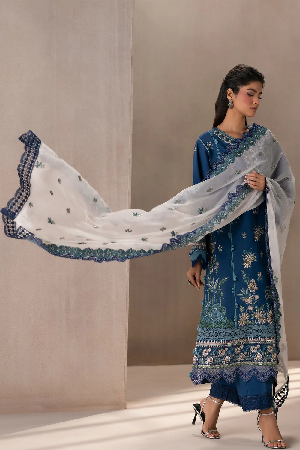 ETHNC-3PC DHANAK HEAVY EMBROIDERED SHIRT WITH COTTON NET EMBROIDERED DUPATTA AND EMB TROUSER-BIC-4220