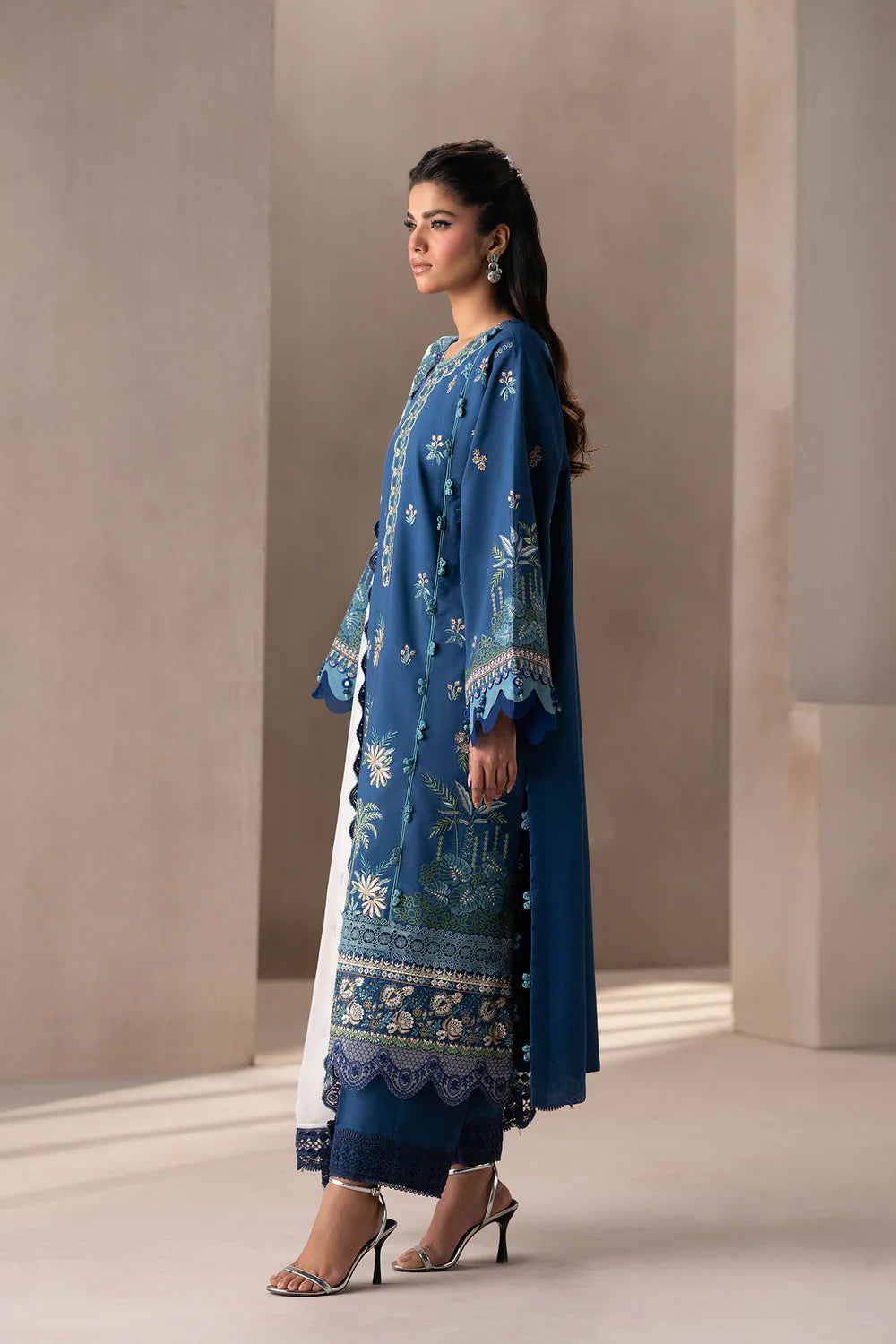 ETHNC-3PC DHANAK HEAVY EMBROIDERED SHIRT WITH COTTON NET EMBROIDERED DUPATTA AND EMB TROUSER-BIC-4220