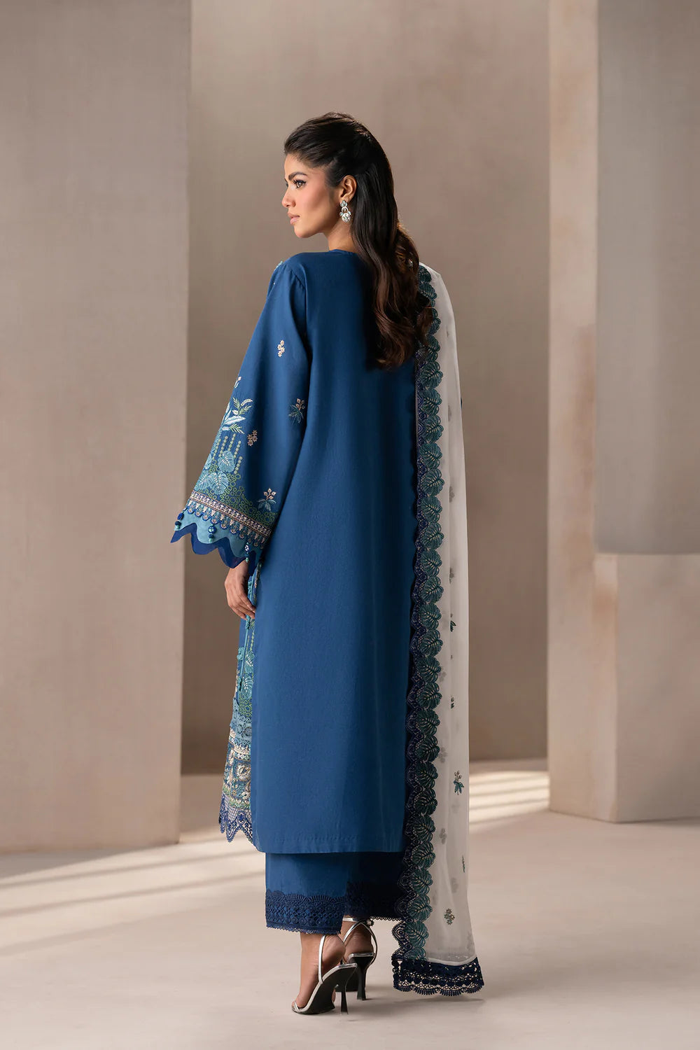 ETHNC-3PC DHANAK HEAVY EMBROIDERED SHIRT WITH COTTON NET EMBROIDERED DUPATTA AND EMB TROUSER-BIC-4220