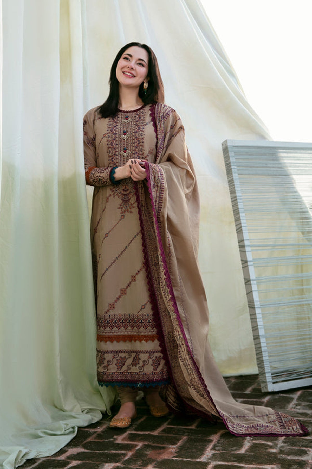 FLORENT-3PC DHANAK EMBROIDERED SHIRT WITH DHANAK EMBROIDERED SHAWL & TROUSER-BIC-4148