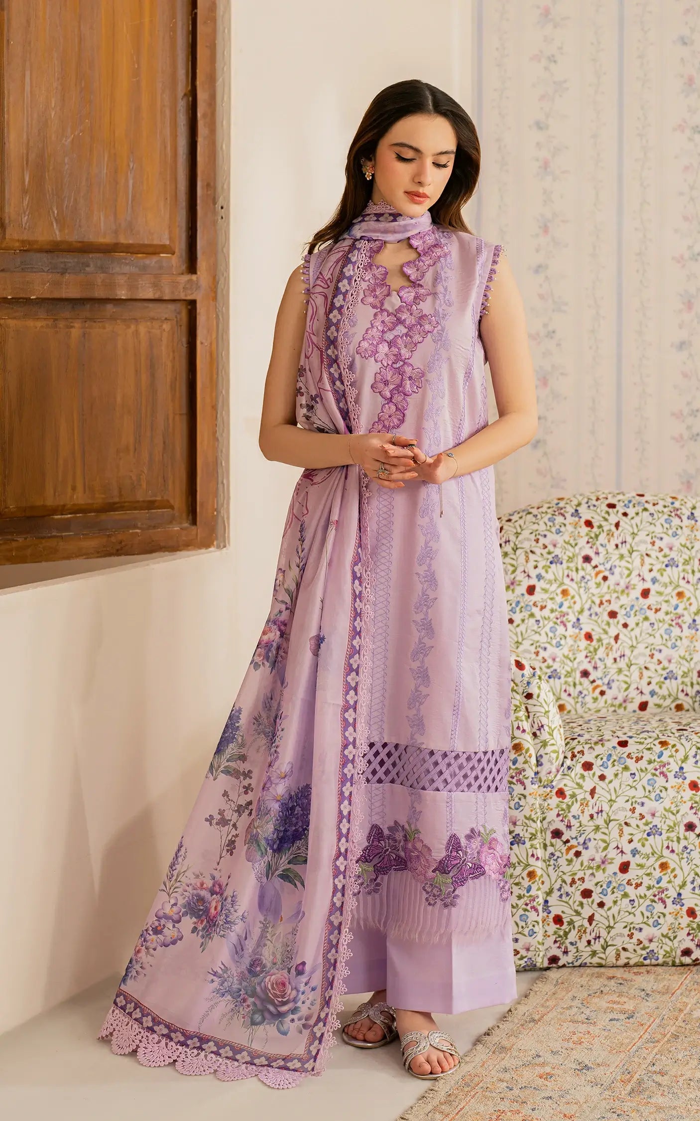 ASIFA NABEEL-3PC LAWN EMBROIDERED SHIRT WITH MONARK PRINTED DUPATTA AND TROUSER-BIC-3756