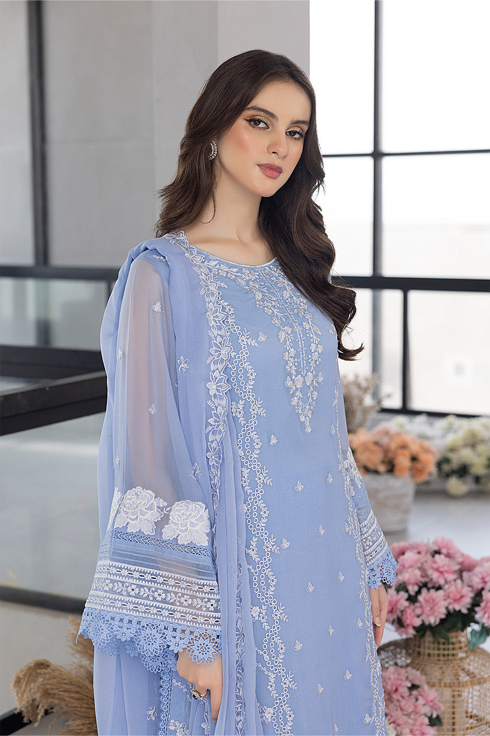 AZURE - 3PC ORGANZA EMBROIDERED LAWN SHIRT WITH ORGANZA EMBROIDERED DUPATTA AND TROUSER-3549