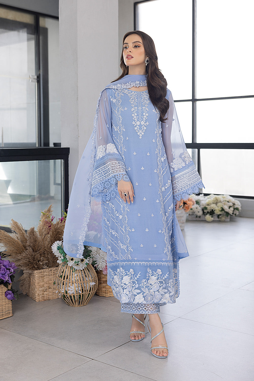 AZURE - 3PC ORGANZA EMBROIDERED LAWN SHIRT WITH ORGANZA EMBROIDERED DUPATTA AND TROUSER-3549