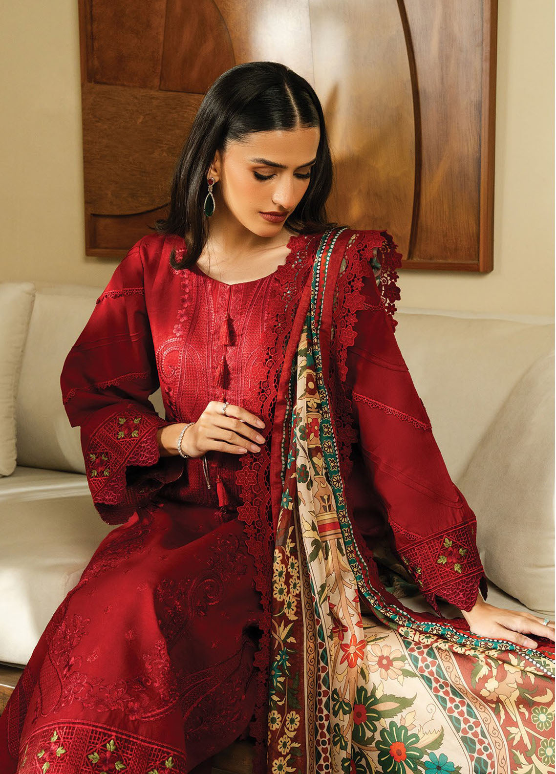 BATIK-3PC DHANAK EMBROIDERED SHIRT WITH COUTRAI WOOL PRINTED SHAWL AND TROUSER-BIC-4138
