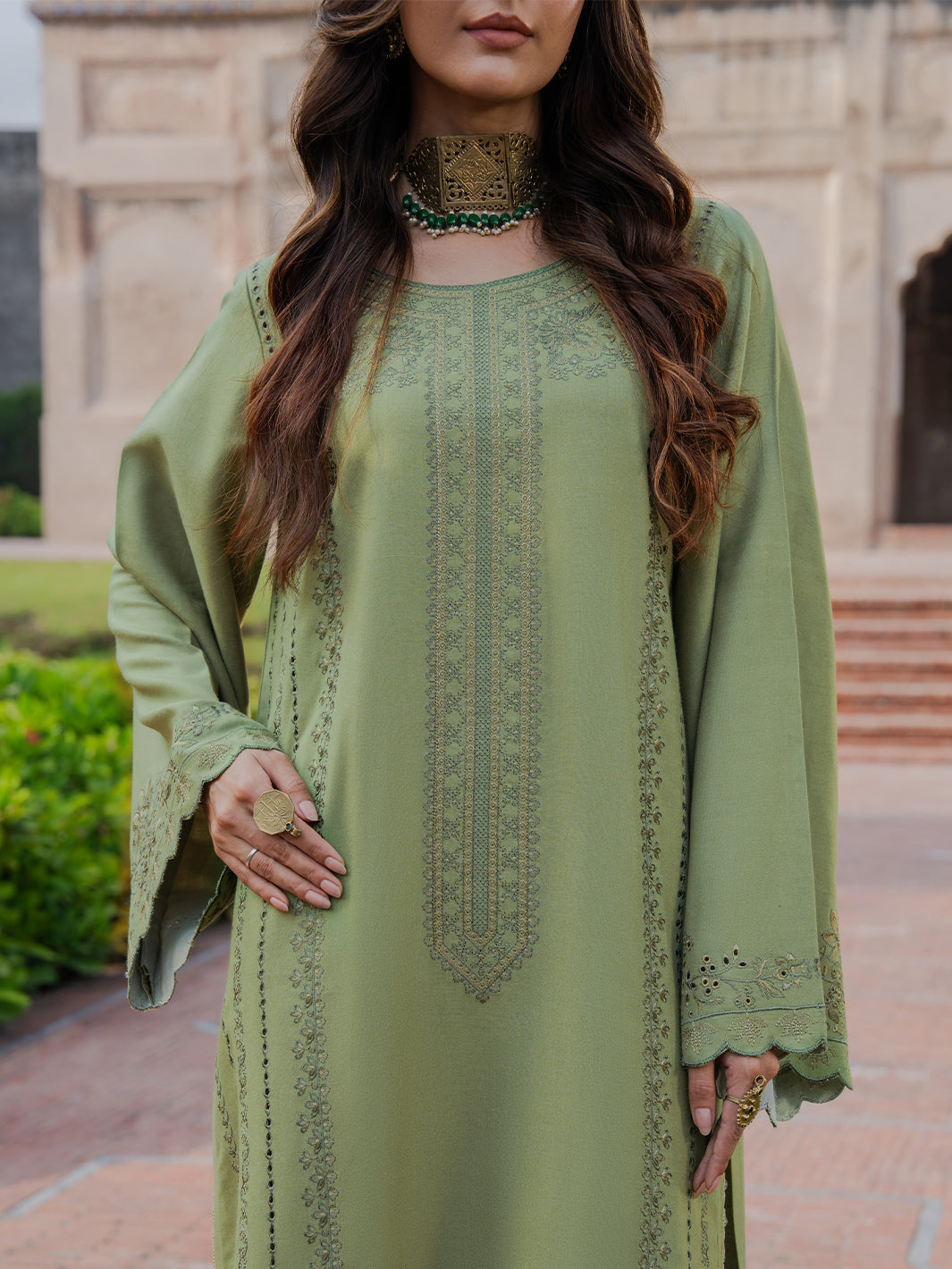 IZEL-3PC DHANAK EMBROIDERED SHIRT WITH COURTRAI PRINTED SHAWL & TROUSER-BIC-4349