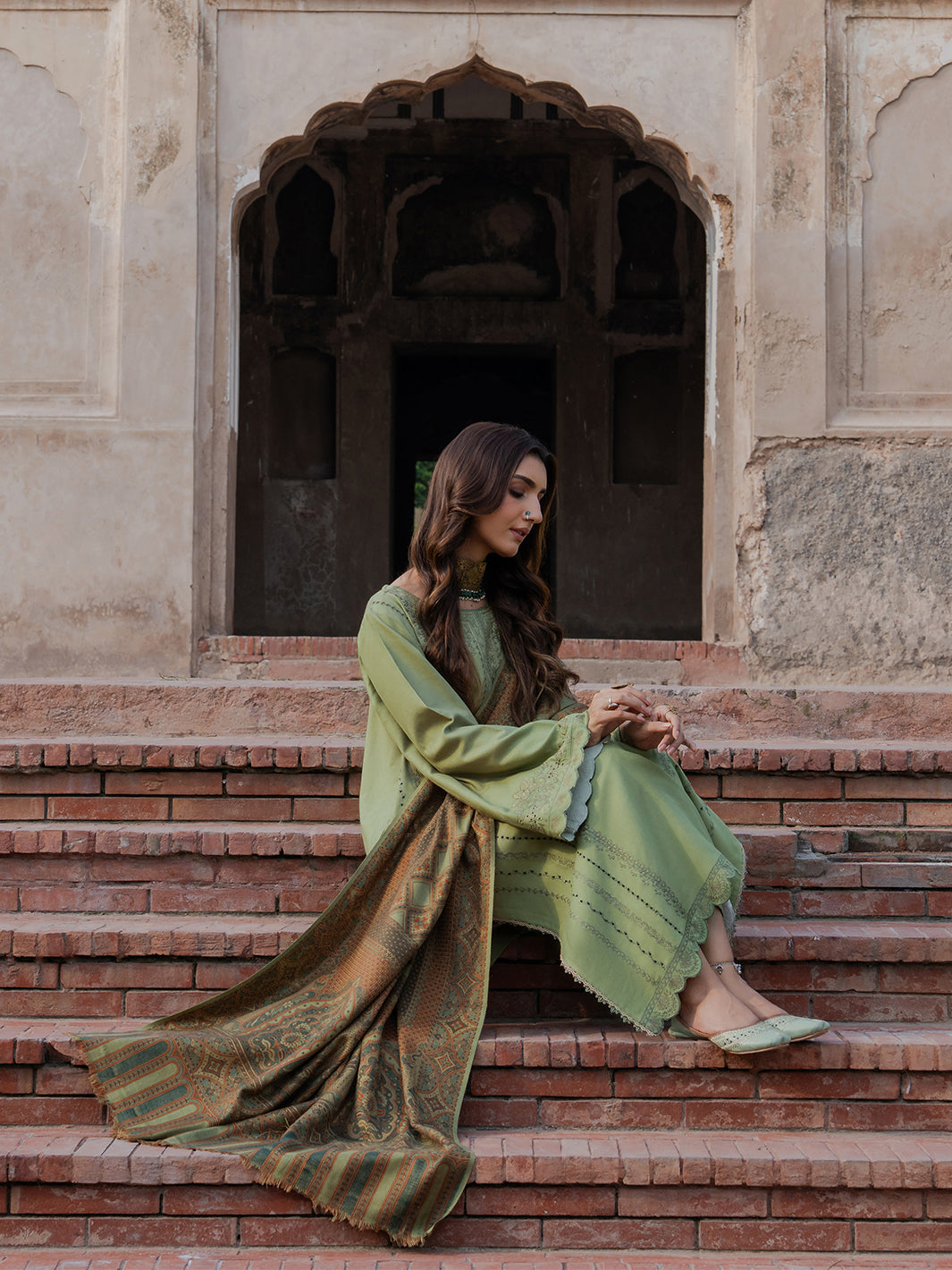 IZEL-3PC DHANAK EMBROIDERED SHIRT WITH COURTRAI PRINTED SHAWL & TROUSER-BIC-4349