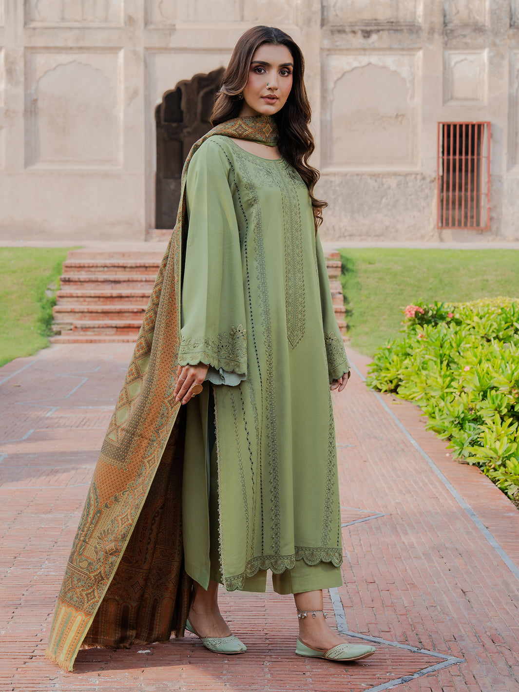 IZEL-3PC DHANAK EMBROIDERED SHIRT WITH COURTRAI PRINTED SHAWL & TROUSER-BIC-4349