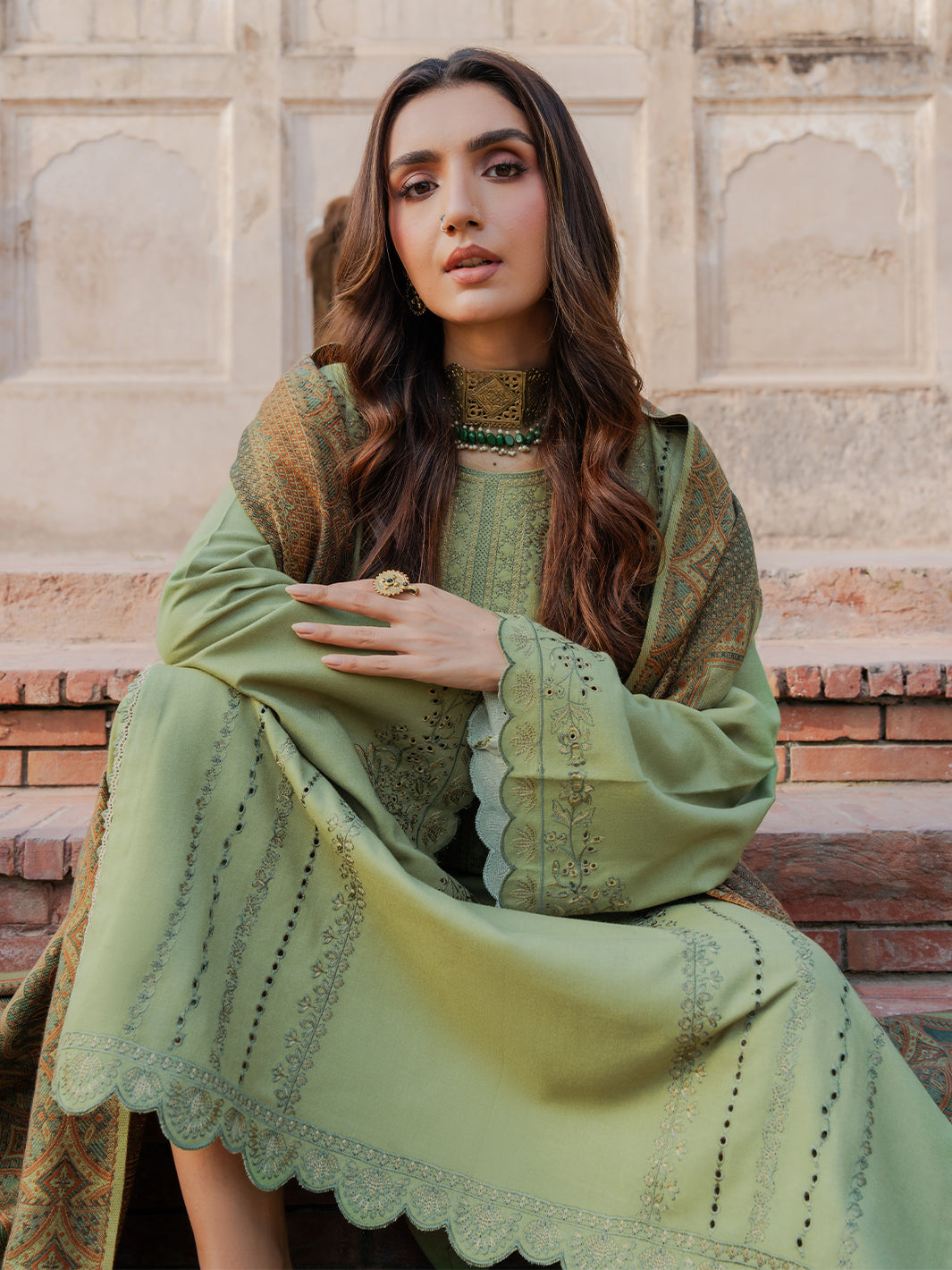 IZEL-3PC DHANAK EMBROIDERED SHIRT WITH COURTRAI PRINTED SHAWL & TROUSER-BIC-4349
