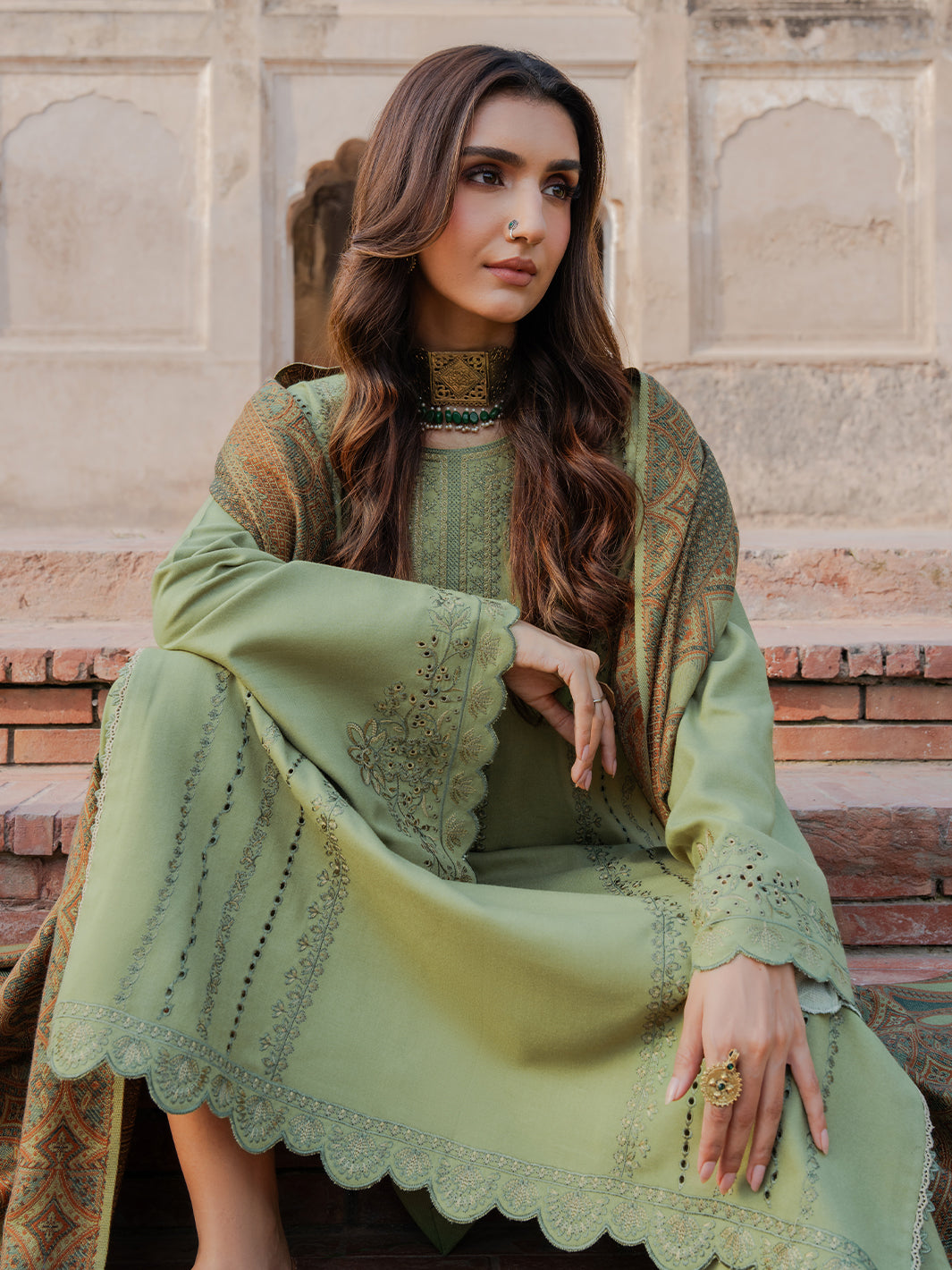 IZEL-3PC DHANAK EMBROIDERED SHIRT WITH COURTRAI PRINTED SHAWL & TROUSER-BIC-4349