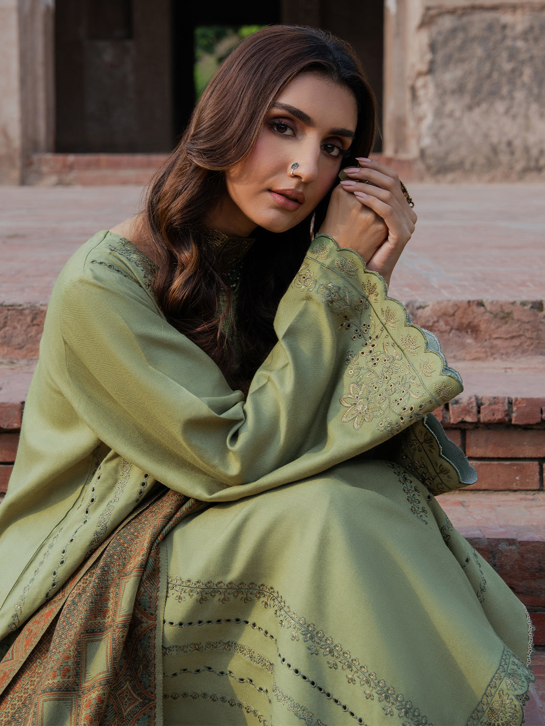 IZEL-3PC DHANAK EMBROIDERED SHIRT WITH COURTRAI PRINTED SHAWL & TROUSER-BIC-4349