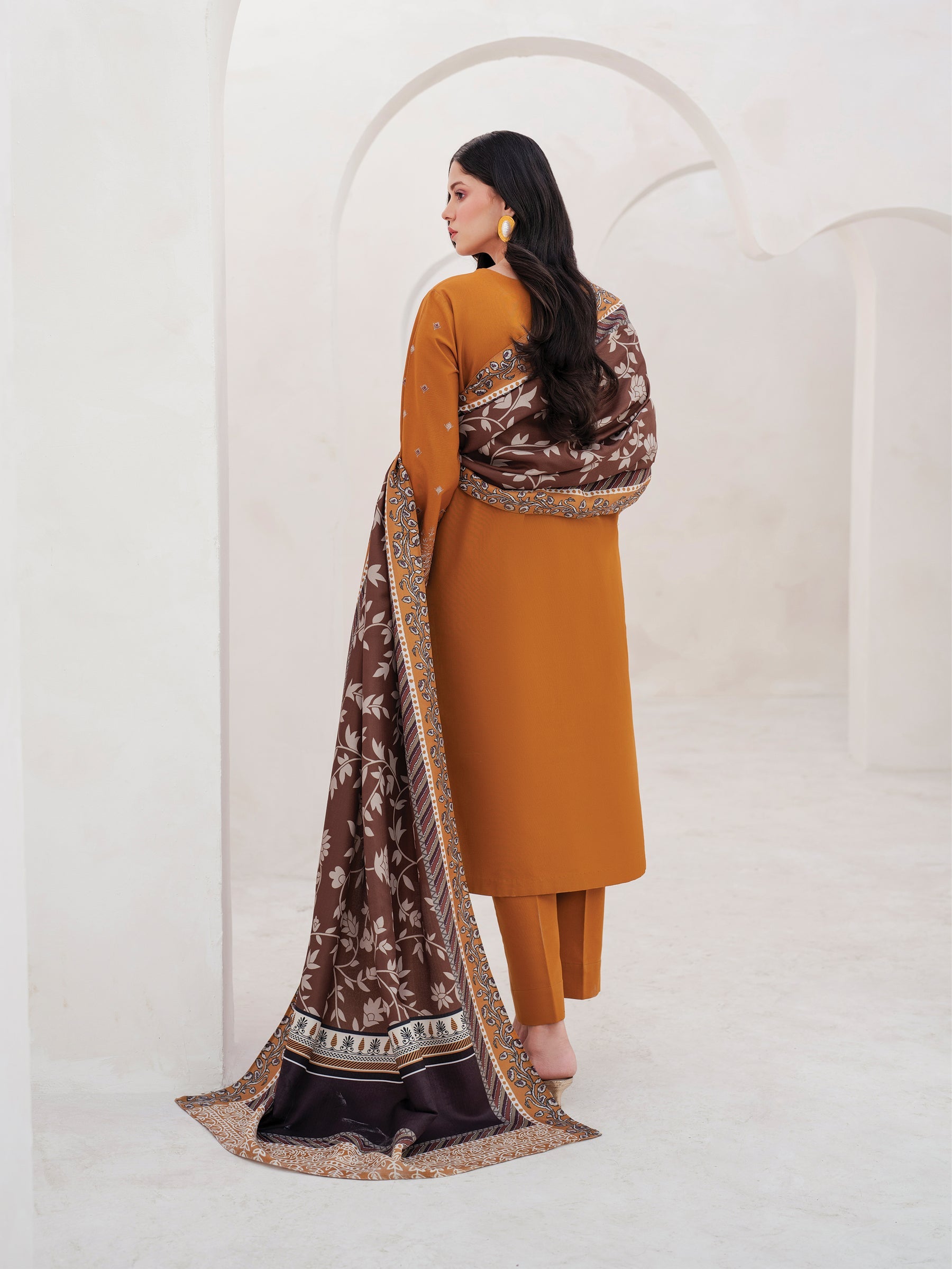 GARNET-3PC DHANAK EMBROIDERED SHIRT WITH COURTRAI PRINTED SHAWL AND TROUSER-BIC-4201
