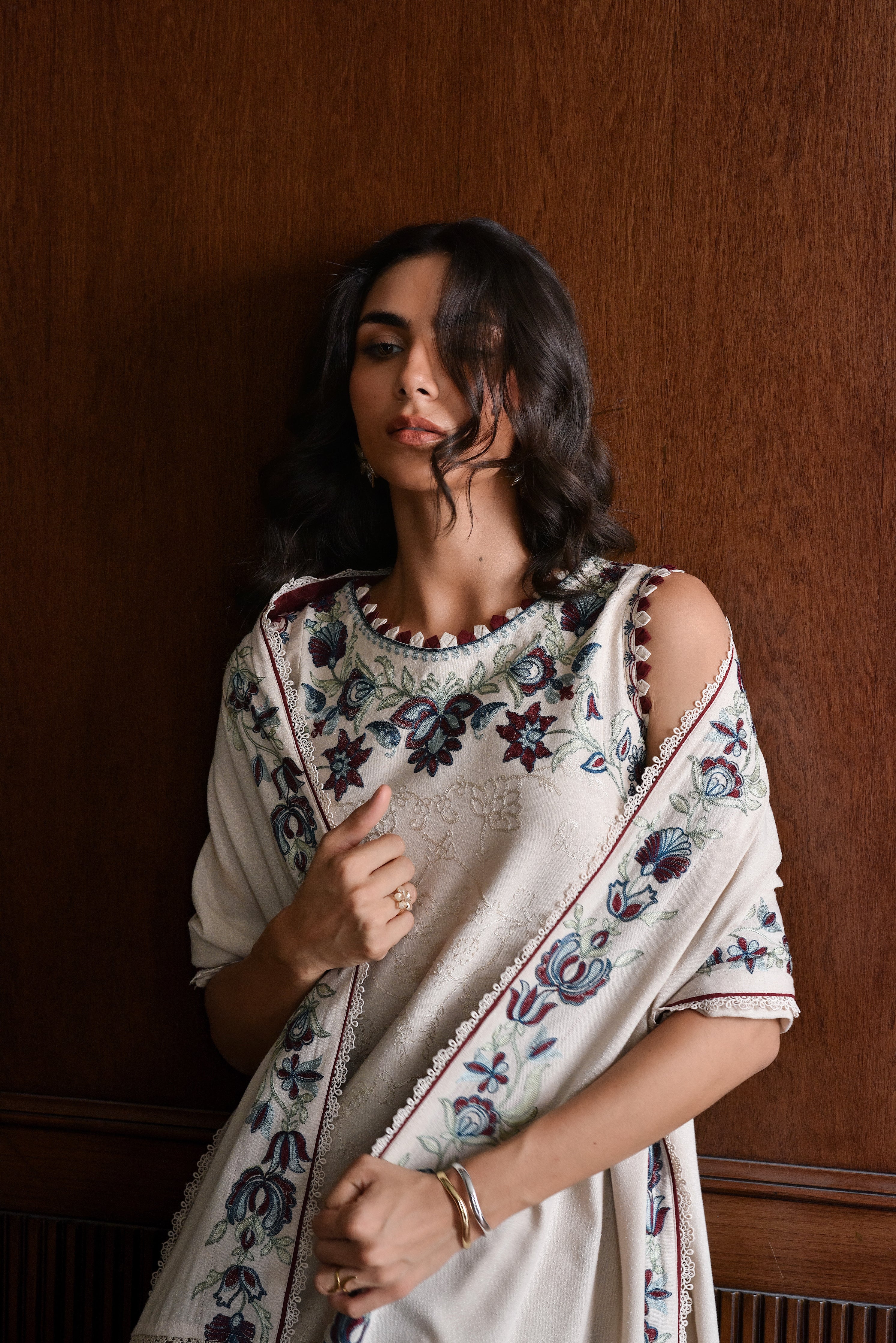 BATIK-3PC KARANDI EMBROIDERED SHIRT WITH KARANDI EMBROIDERED SHAWL AND TROUSER-BIC-4333