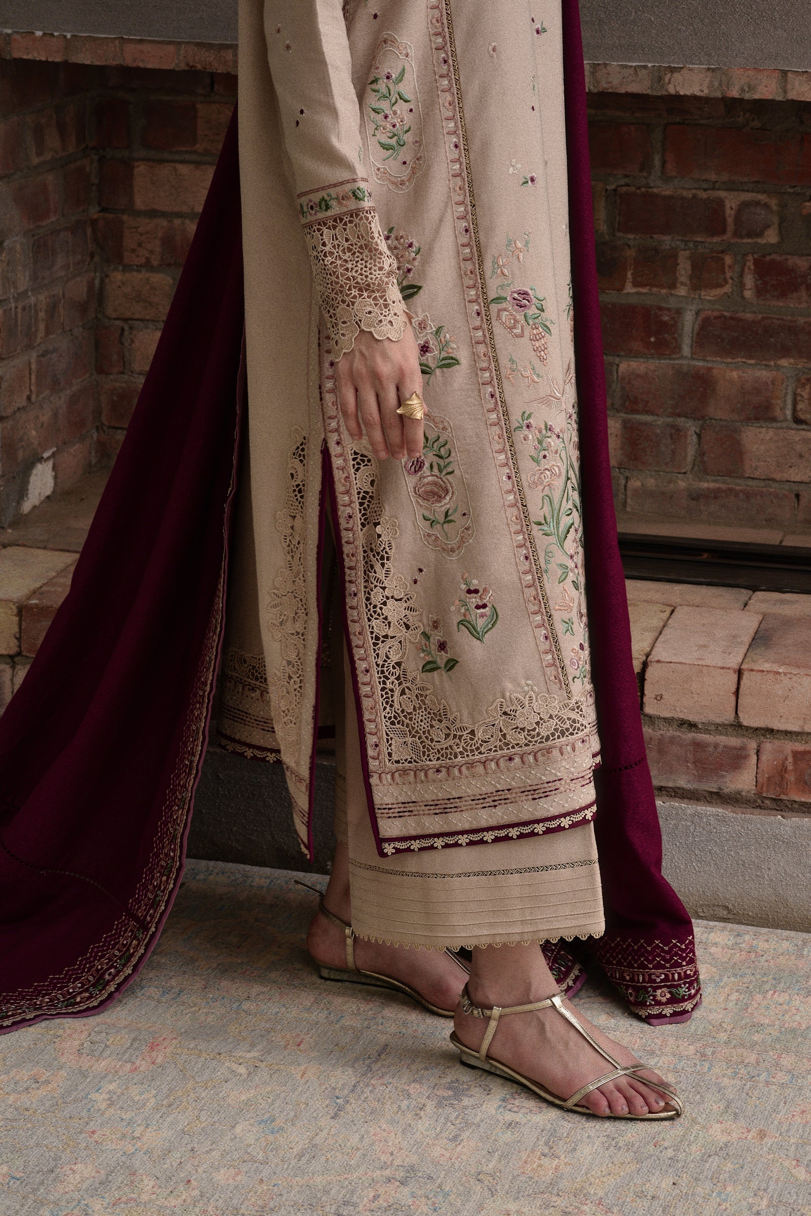 ZAIB-3PC DHANAK EMBROIDERED SHIRT WITH DHANAK EMBROIDERED SHAWL AND TROUSER-BIC-