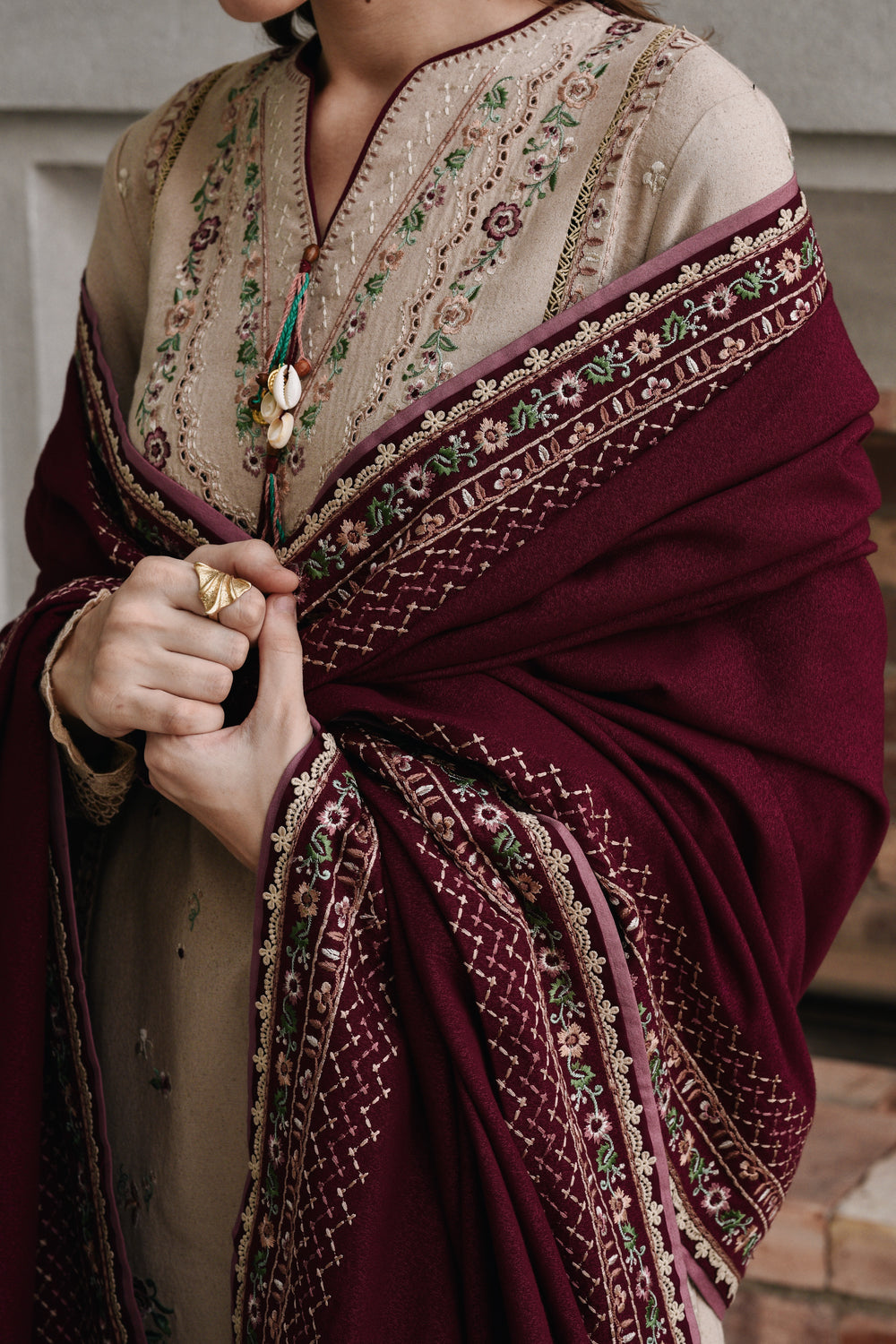 ZAIB-3PC DHANAK EMBROIDERED SHIRT WITH DHANAK EMBROIDERED SHAWL AND TROUSER-BIC-