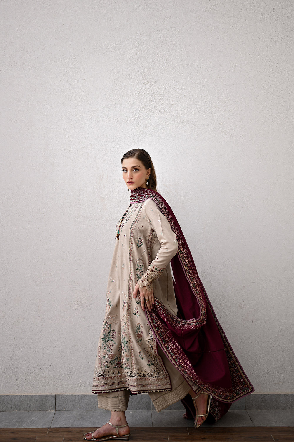 ZAIB-3PC DHANAK EMBROIDERED SHIRT WITH DHANAK EMBROIDERED SHAWL AND TROUSER-BIC-