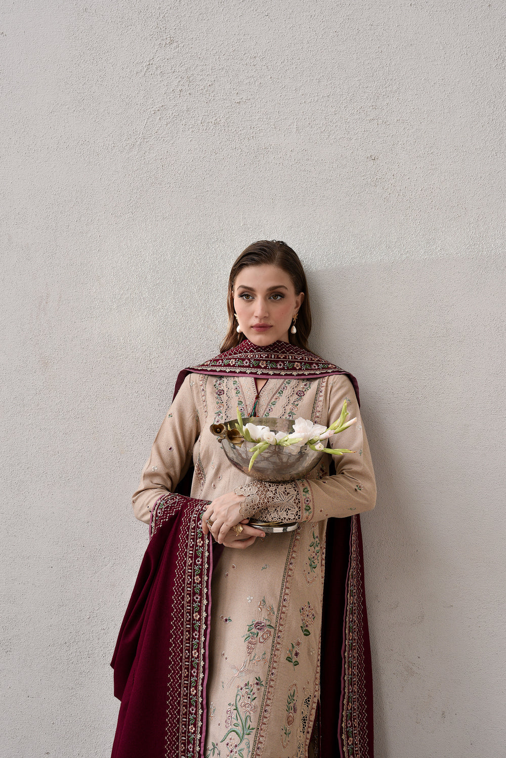 ZAIB-3PC DHANAK EMBROIDERED SHIRT WITH DHANAK EMBROIDERED SHAWL AND TROUSER-BIC-