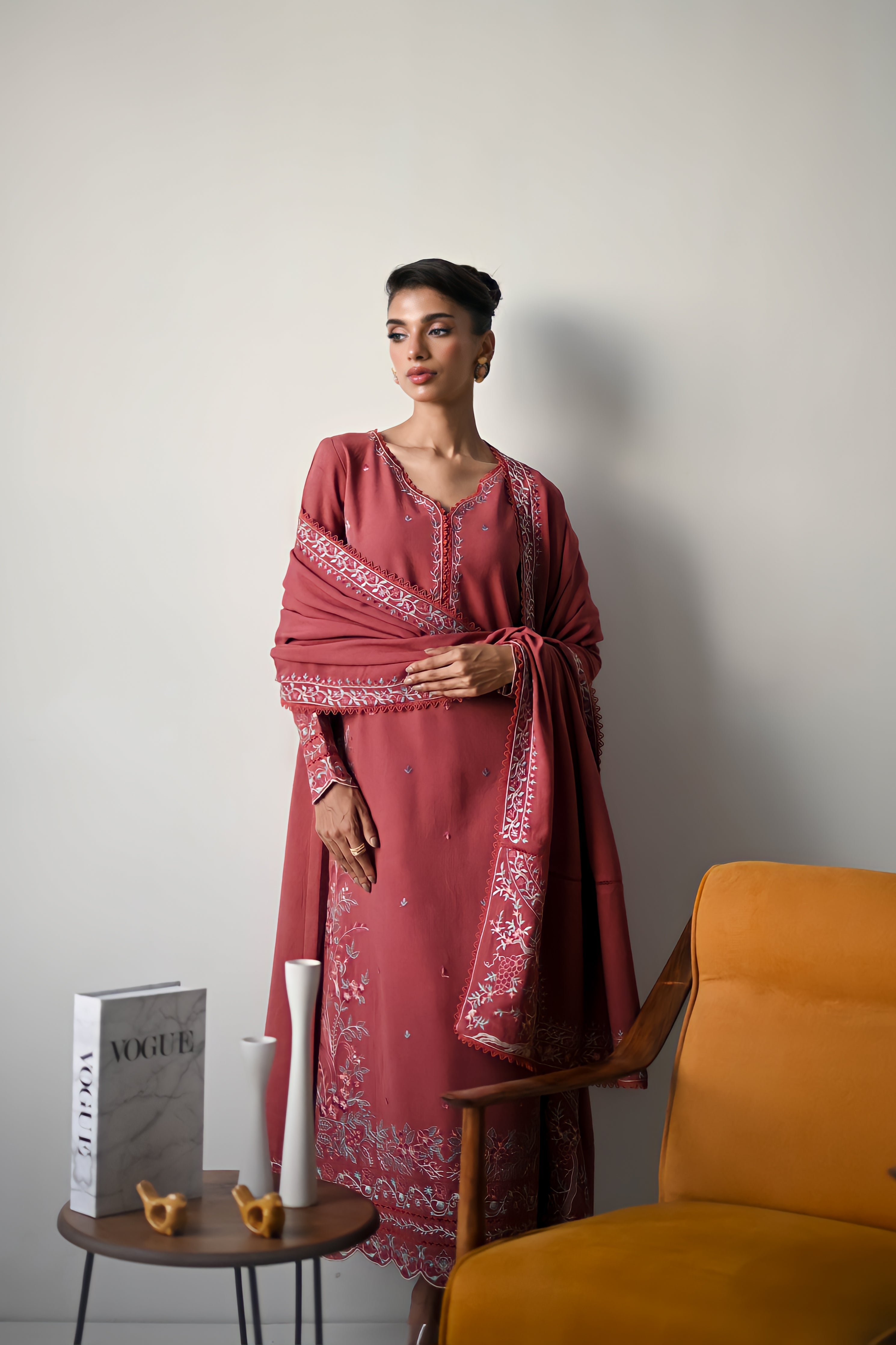 BATIK-3PC DHANAK EMBROIDERED SHIRT WITH DHANAK EMBROIDERED SHAWL AND TROUSER-BIC-4321