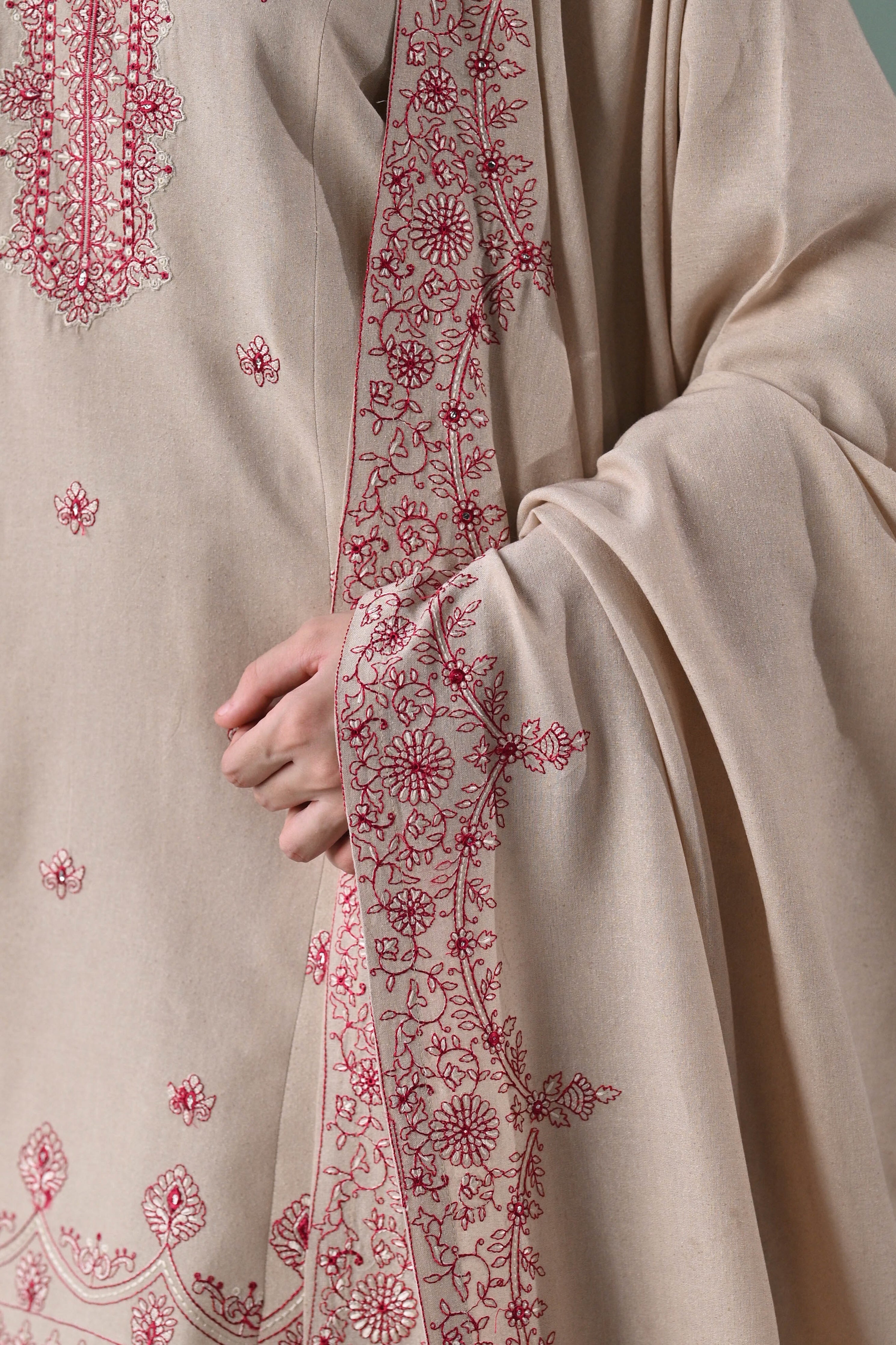ZAIB-3PC DHANAK EMBROIDERED SHIRT WITH DHANAK EMBROIDERED SHAWL AND TROUSER-BIC-4352