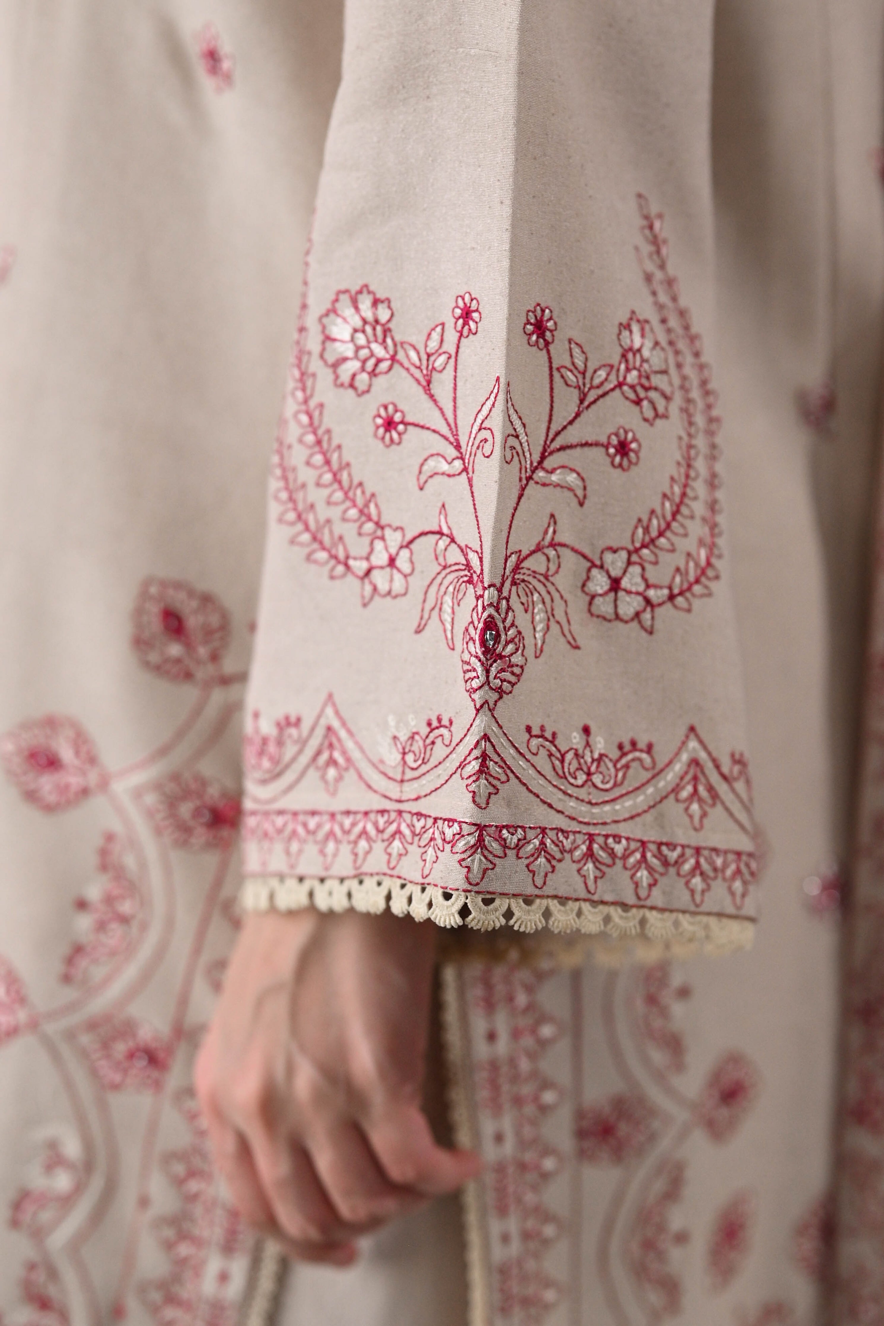 ZAIB-3PC DHANAK EMBROIDERED SHIRT WITH DHANAK EMBROIDERED SHAWL AND TROUSER-BIC-4352