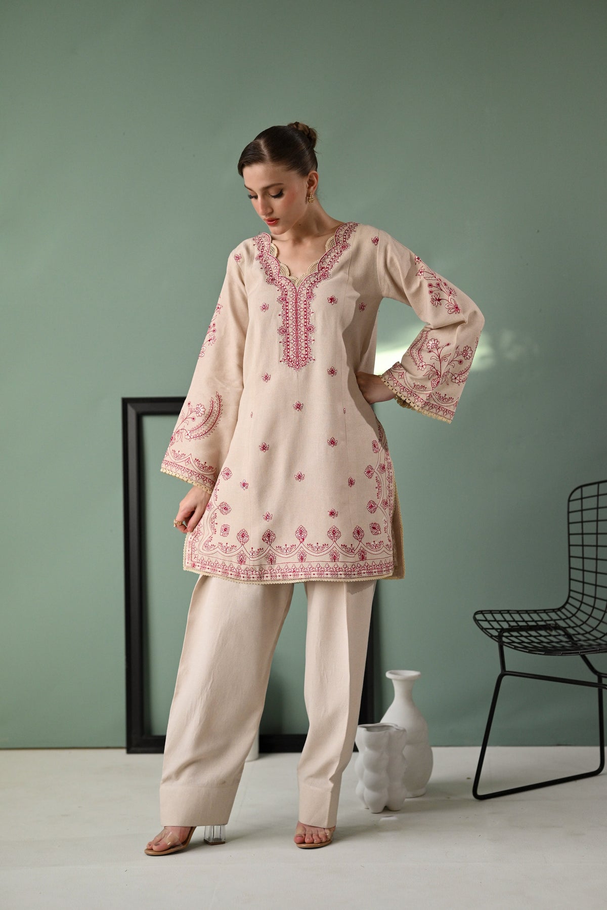ZAIB-3PC DHANAK EMBROIDERED SHIRT WITH DHANAK EMBROIDERED SHAWL AND TROUSER-BIC-4352