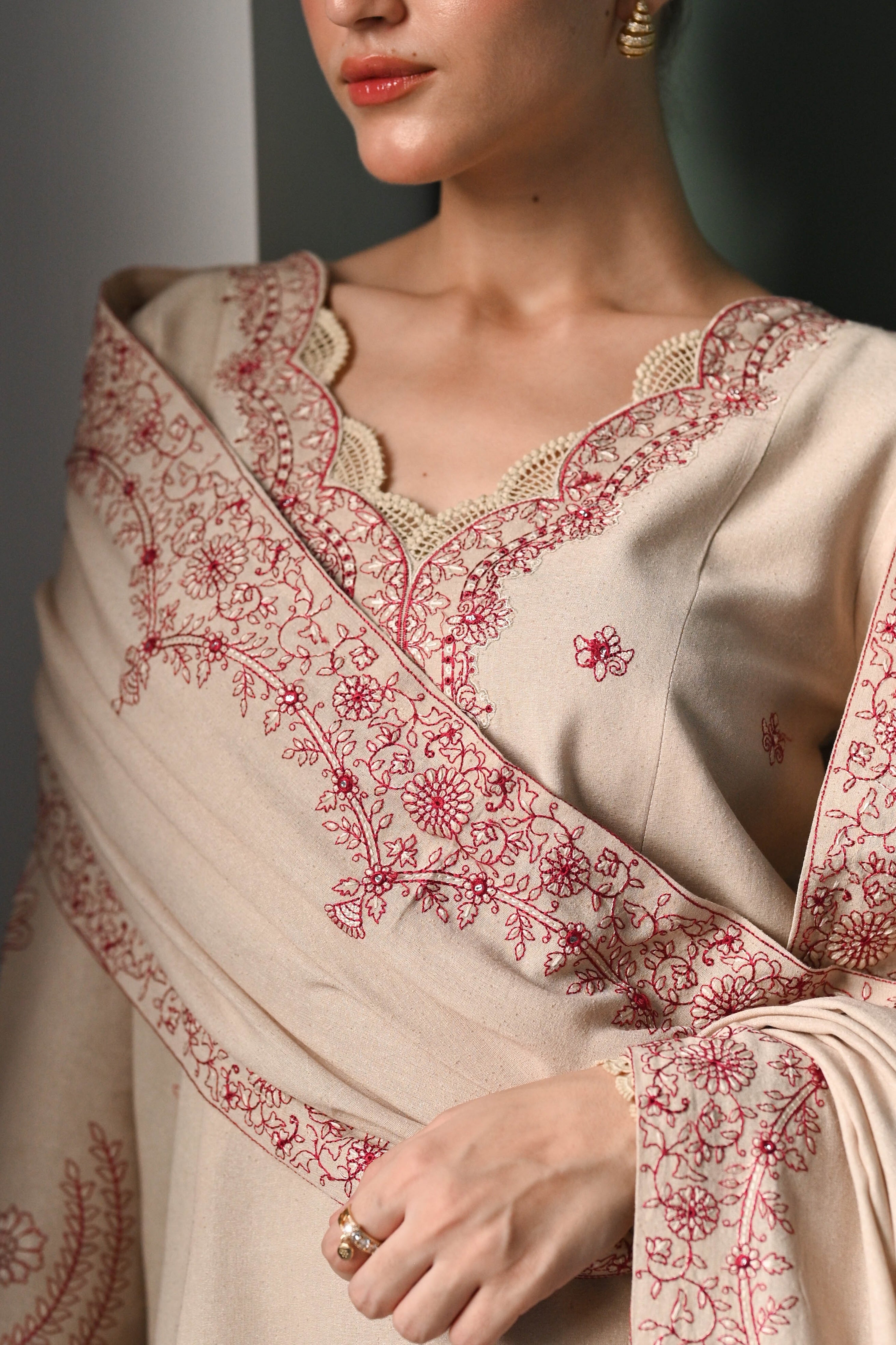 ZAIB-3PC DHANAK EMBROIDERED SHIRT WITH DHANAK EMBROIDERED SHAWL AND TROUSER-BIC-4352