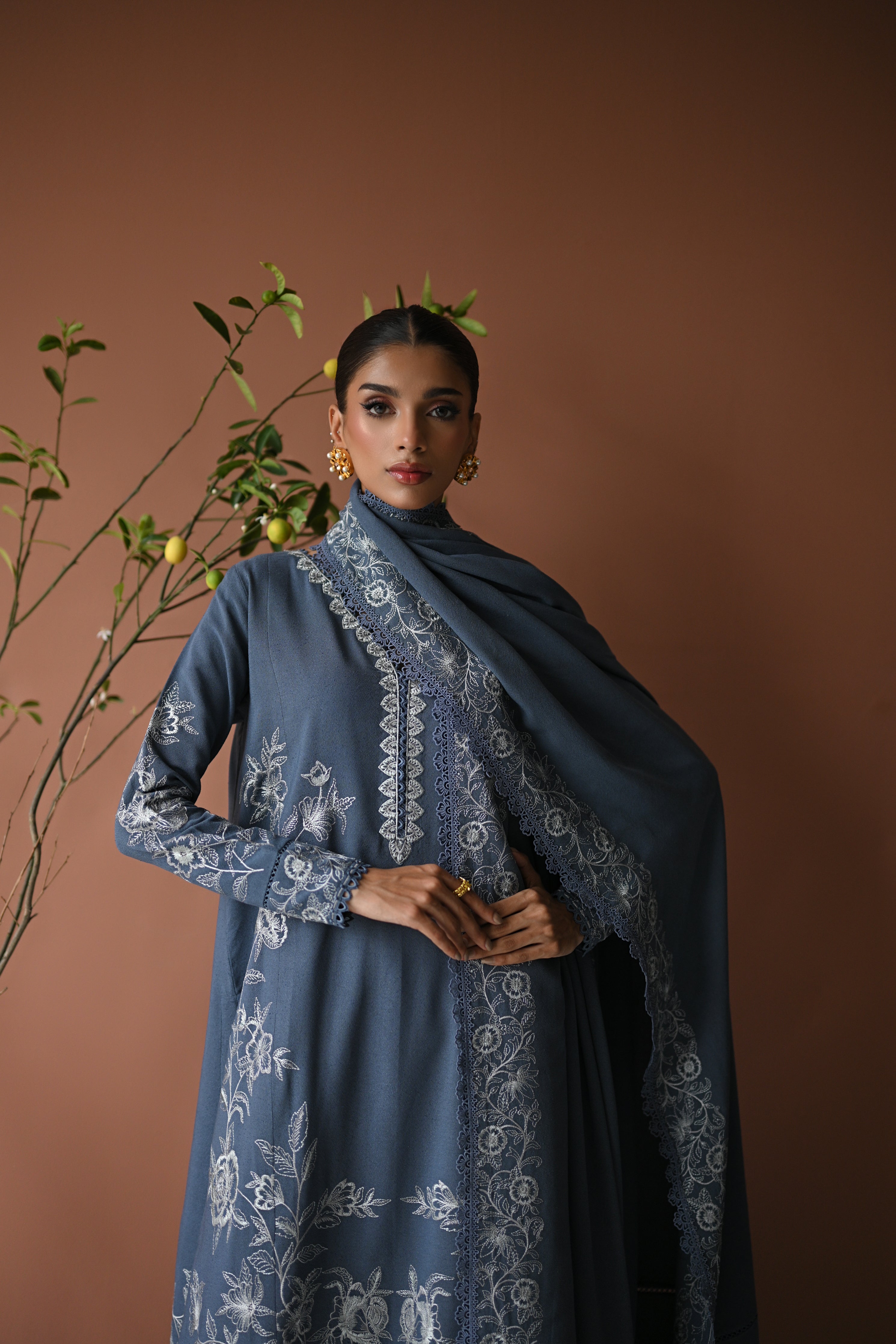 BATIK-3PC DHANAK EMBROIDERED SHIRT WITH DHANAK EMBROIDERED SHAWL AND TROUSER-BIC-4315