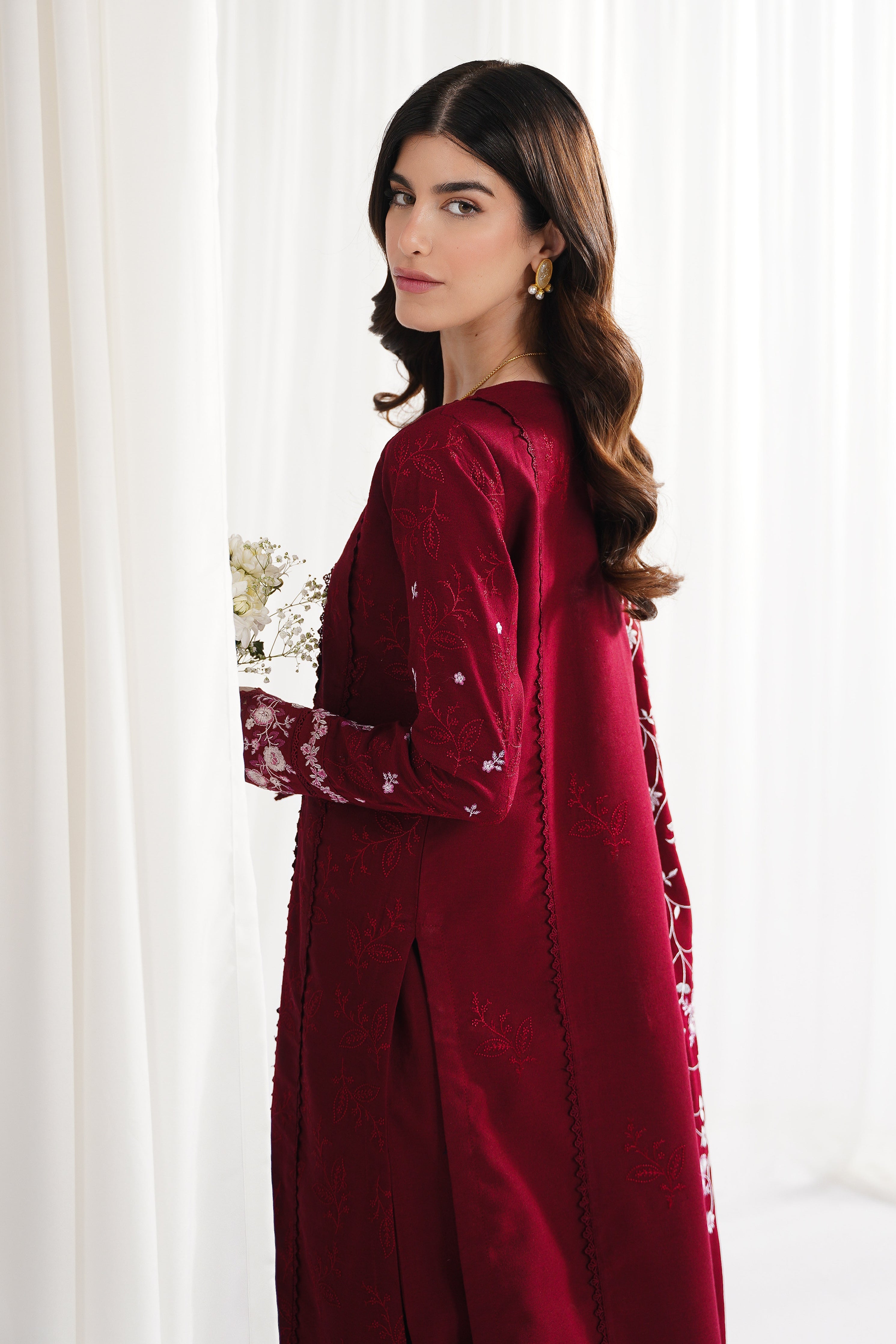 GARNET-3PC DHANAK EMBROIDERED SHIRT WITH DHANAK EMBROIDERED SHAWL & TROUSER-BIC-4312