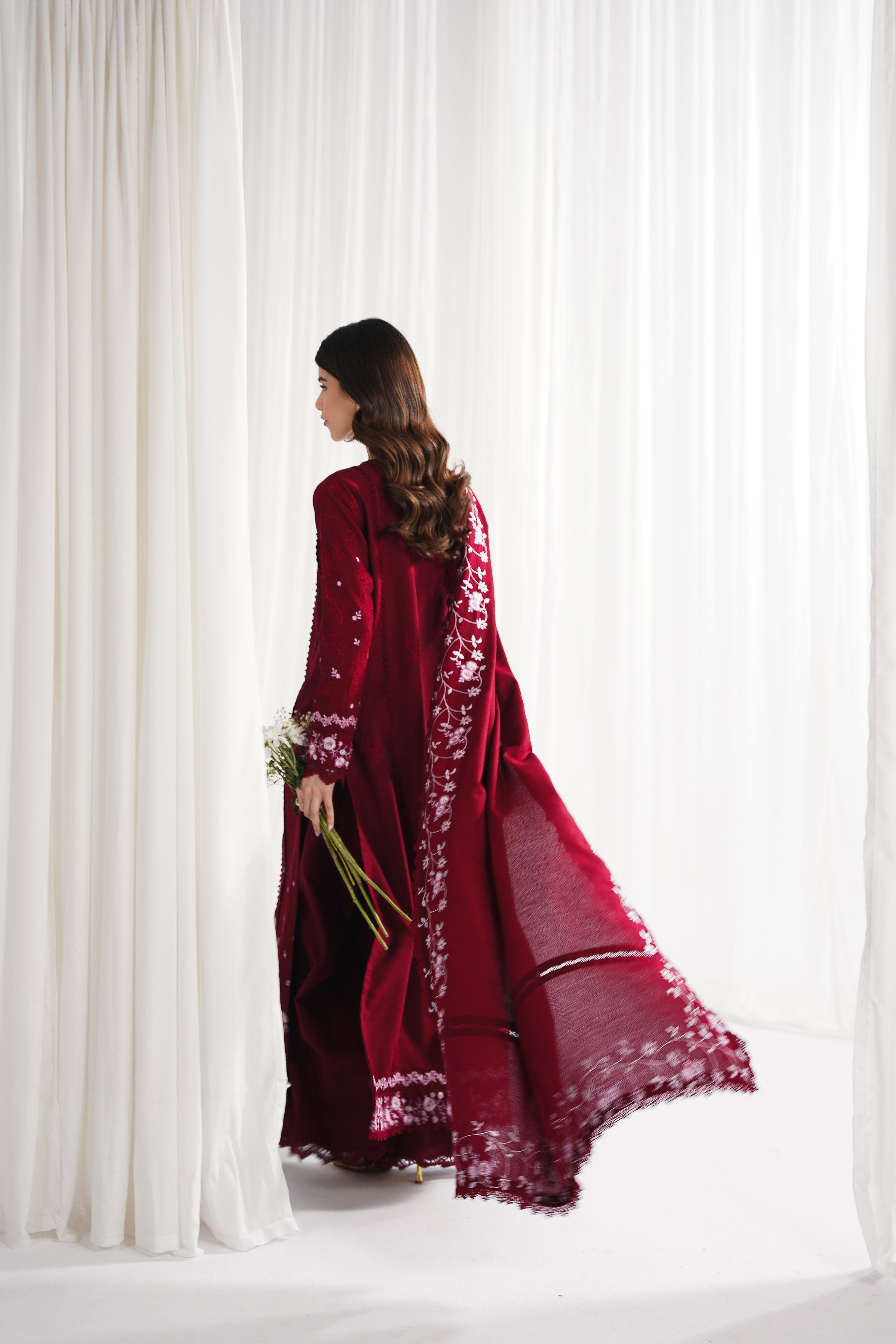 GARNET-3PC DHANAK EMBROIDERED SHIRT WITH DHANAK EMBROIDERED SHAWL & TROUSER-BIC-4312