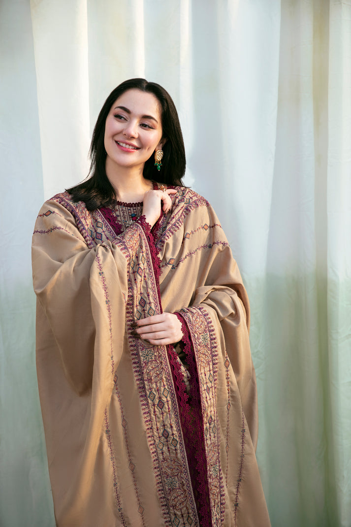FLORENT-3PC DHANAK EMBROIDERED SHIRT WITH DHANAK EMBROIDERED SHAWL & TROUSER-BIC-4148