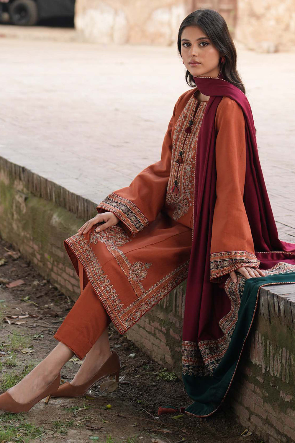 JAZMIN-3PC DHANAK EMBROIDERED SHIRT WITH COURTRAI PRINTED SHAWL AND TROUSER-BIC-4244