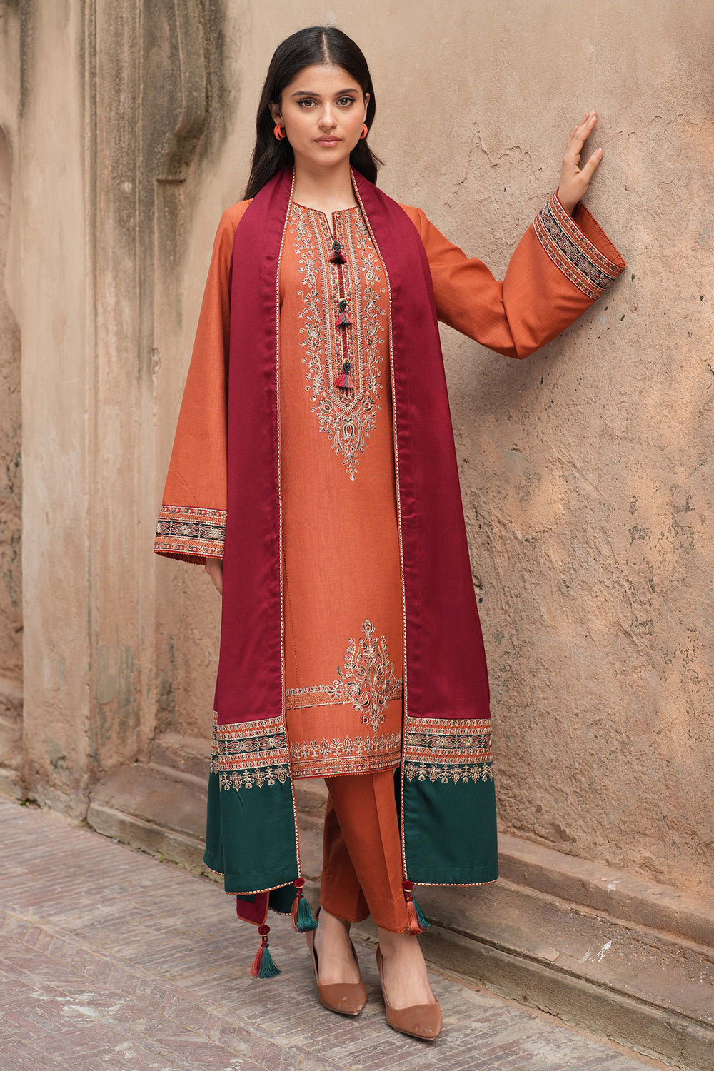 JAZMIN-3PC DHANAK EMBROIDERED SHIRT WITH COURTRAI PRINTED SHAWL AND TROUSER-BIC-4244