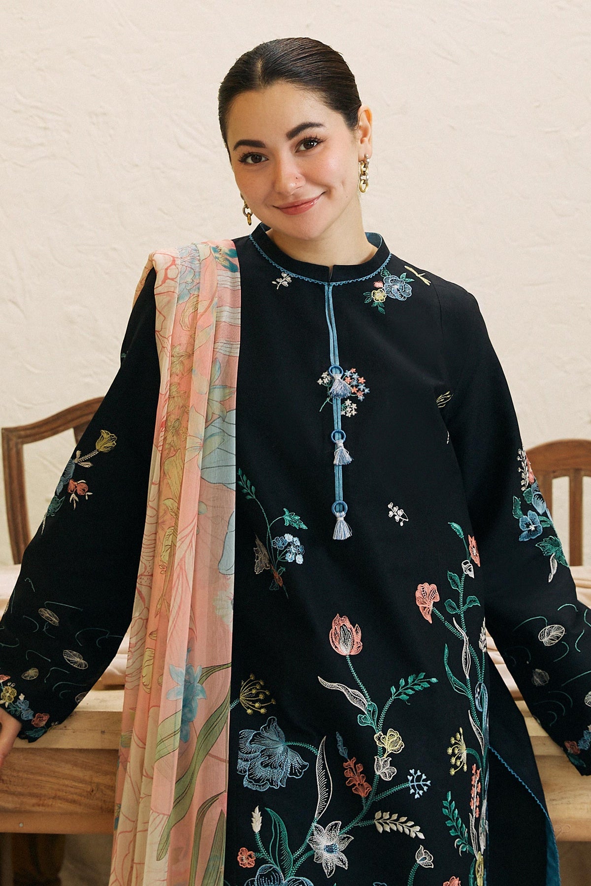 ZARASHAHJAHAN- 3PC DHANAK EMBROIDERED SHIRT WITH COUTRAI WOOL PRINT SHAWL AND EMB TROUSER-BIC-3214