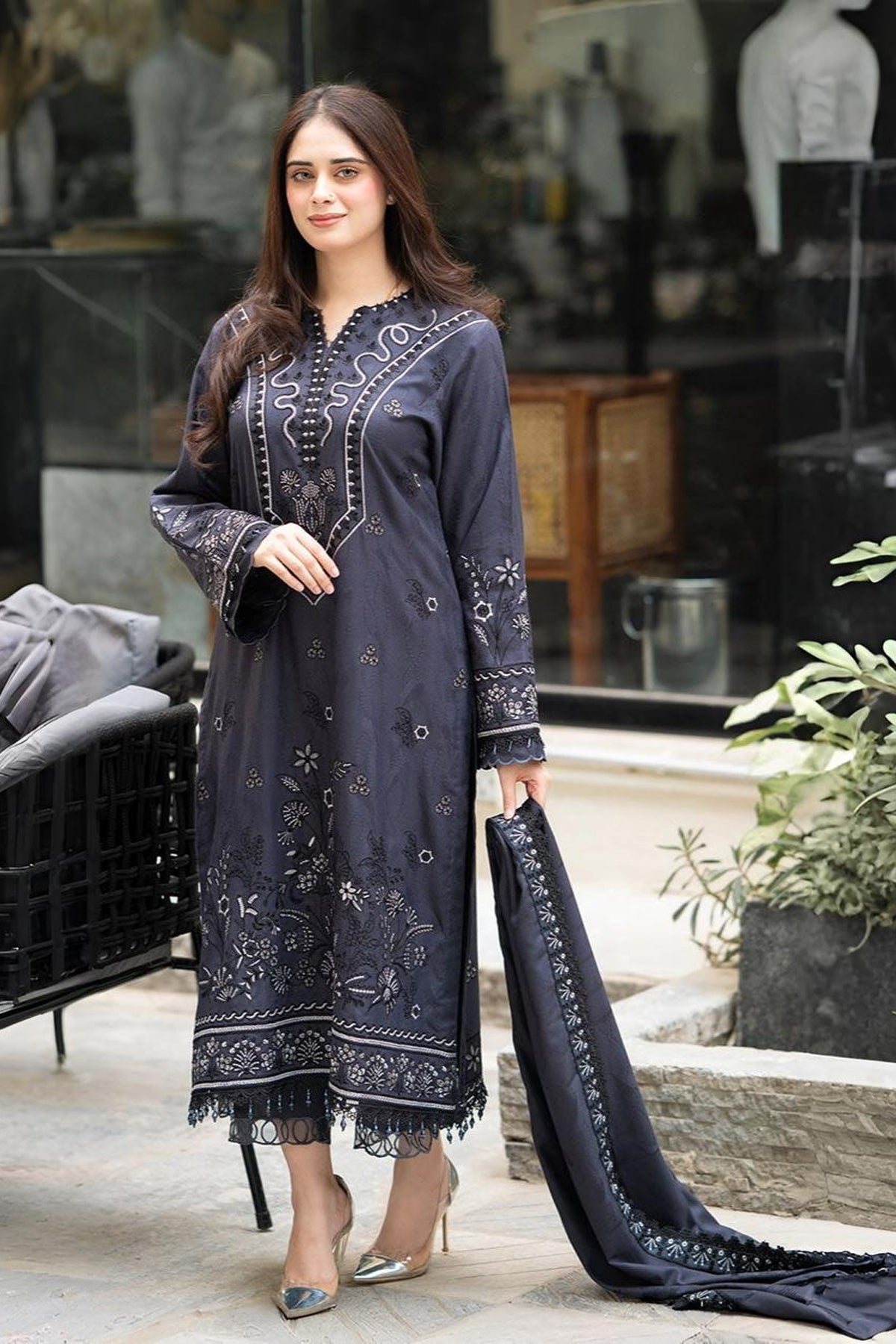 LIBAAS-3PC DHANAK EMBROIDERED SHIRT WITH DHANAK EMBROIDERED SHAWL & TROUSER-BIC-4223