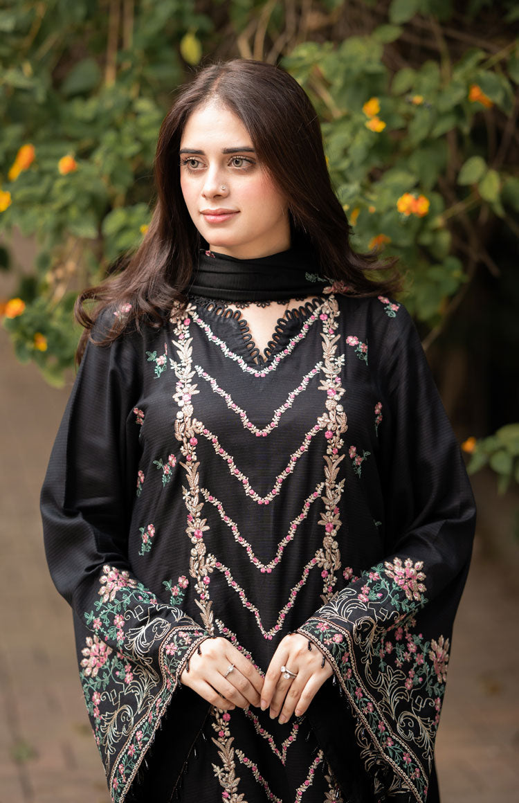 LIBAAS-3PC DHANAK EMBROIDERED SHIRT WITH DHANAK EMBROIDERED SHAWL & TROUSER-BIC-4346