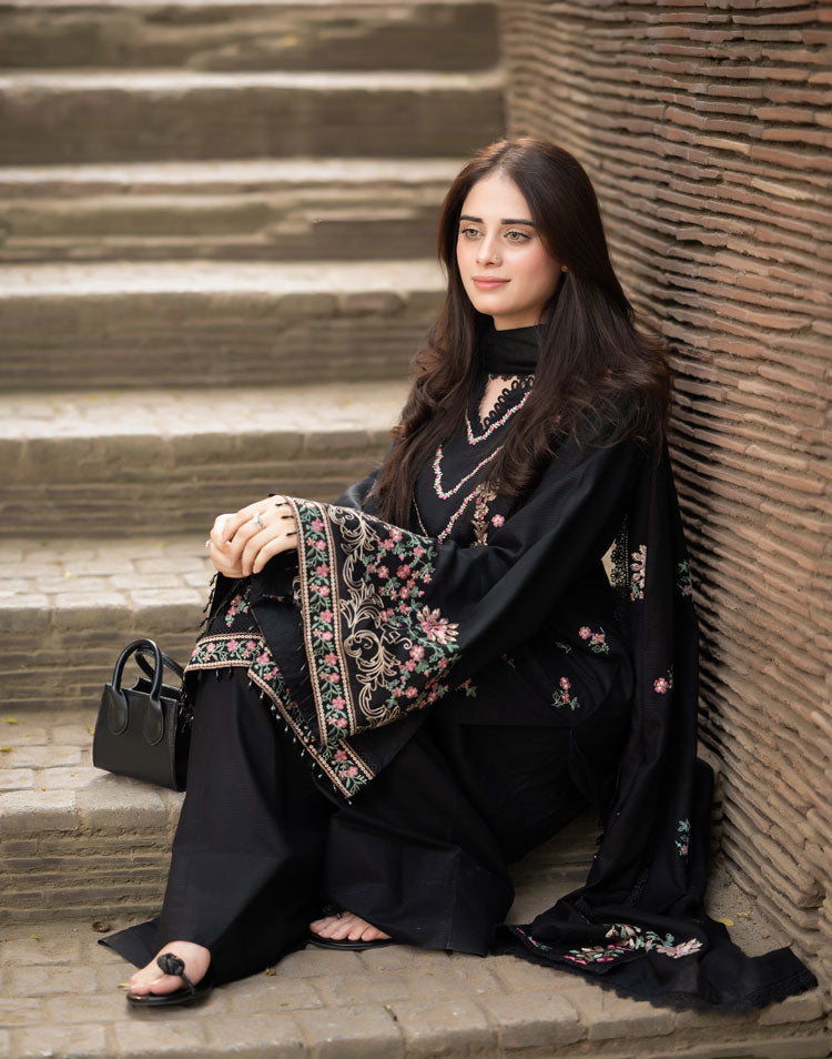 LIBAAS-3PC DHANAK EMBROIDERED SHIRT WITH DHANAK EMBROIDERED SHAWL & TROUSER-BIC-4346