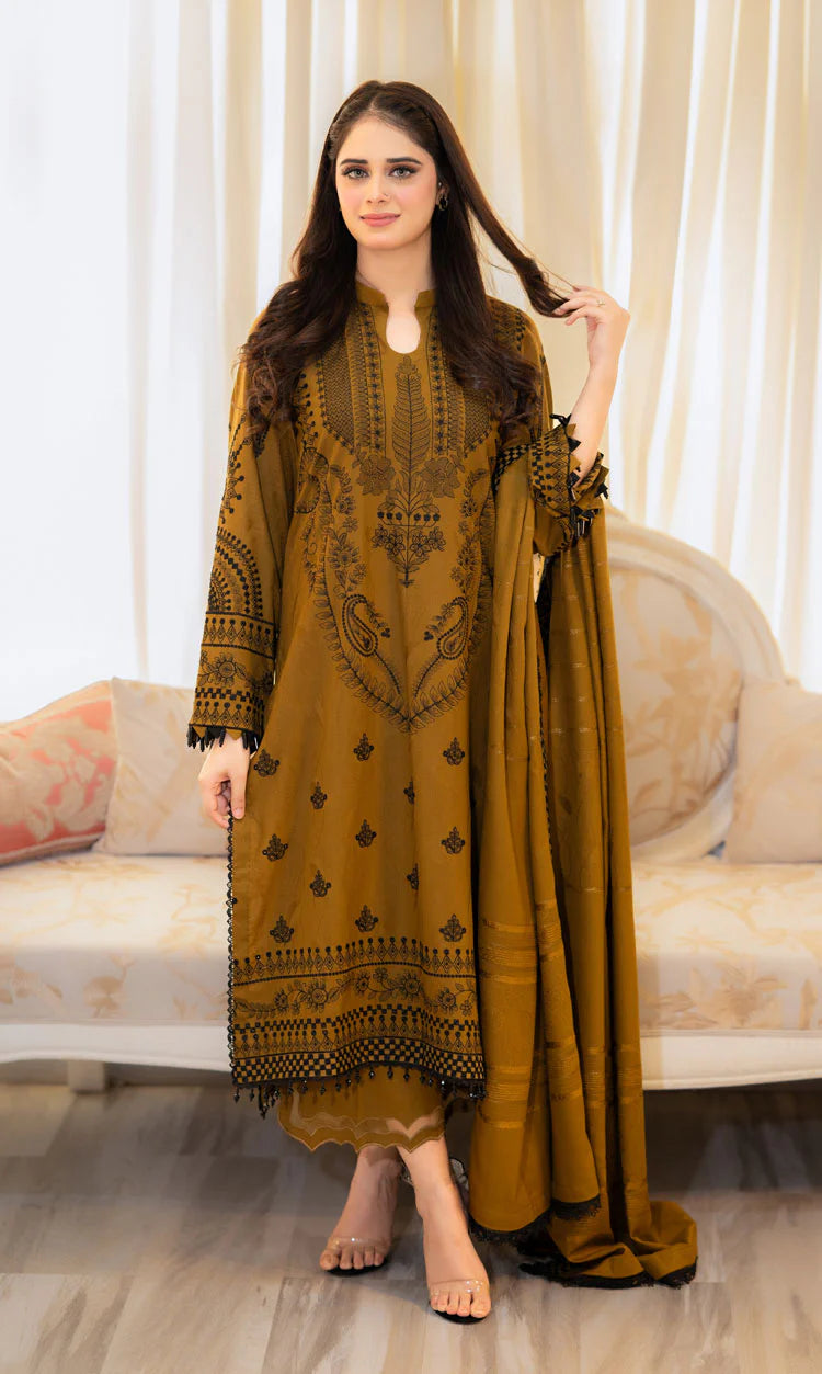 LIBAAS-3PC DHANAK EMBROIDERED SHIRT WITH DHANAK EMBROIDERED SHAWL & EMB TROUSER-BIC-4183