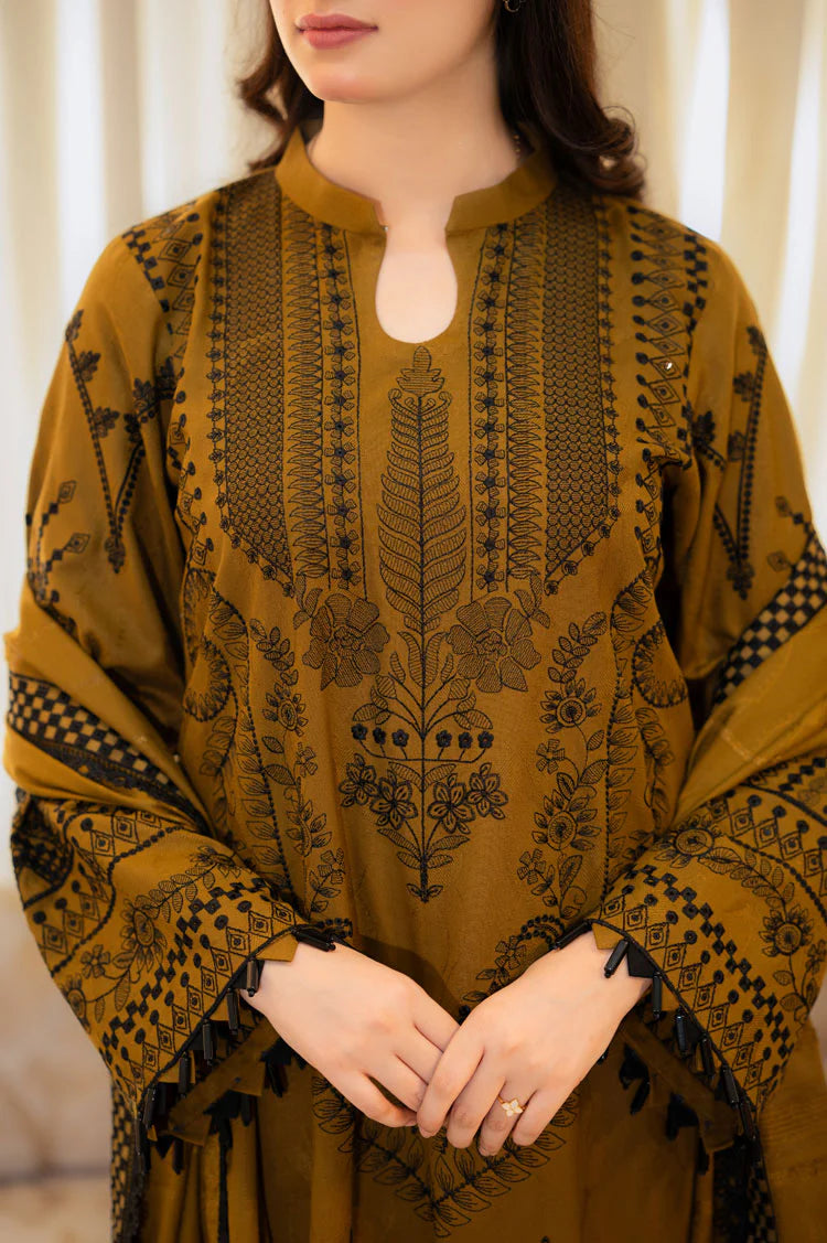 LIBAAS-3PC DHANAK EMBROIDERED SHIRT WITH DHANAK EMBROIDERED SHAWL & EMB TROUSER-BIC-4183