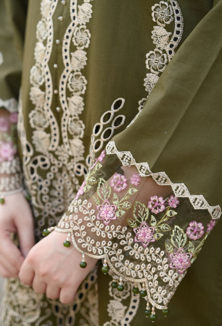 LIBAAS-3PC KARANDI EMBROIDERED SHIRT WITH KARANDI EMBROIDERED SHAWL & EMB TROUSER-BIC-4298