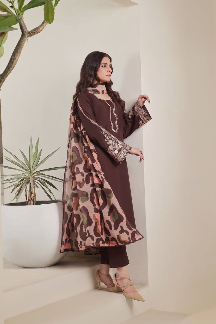 BATIK-3PC DHANAK EMBROIDERED SHIRT WITH COURTRAI PRINTED SHAWL AND TROUSER-BIC-4277