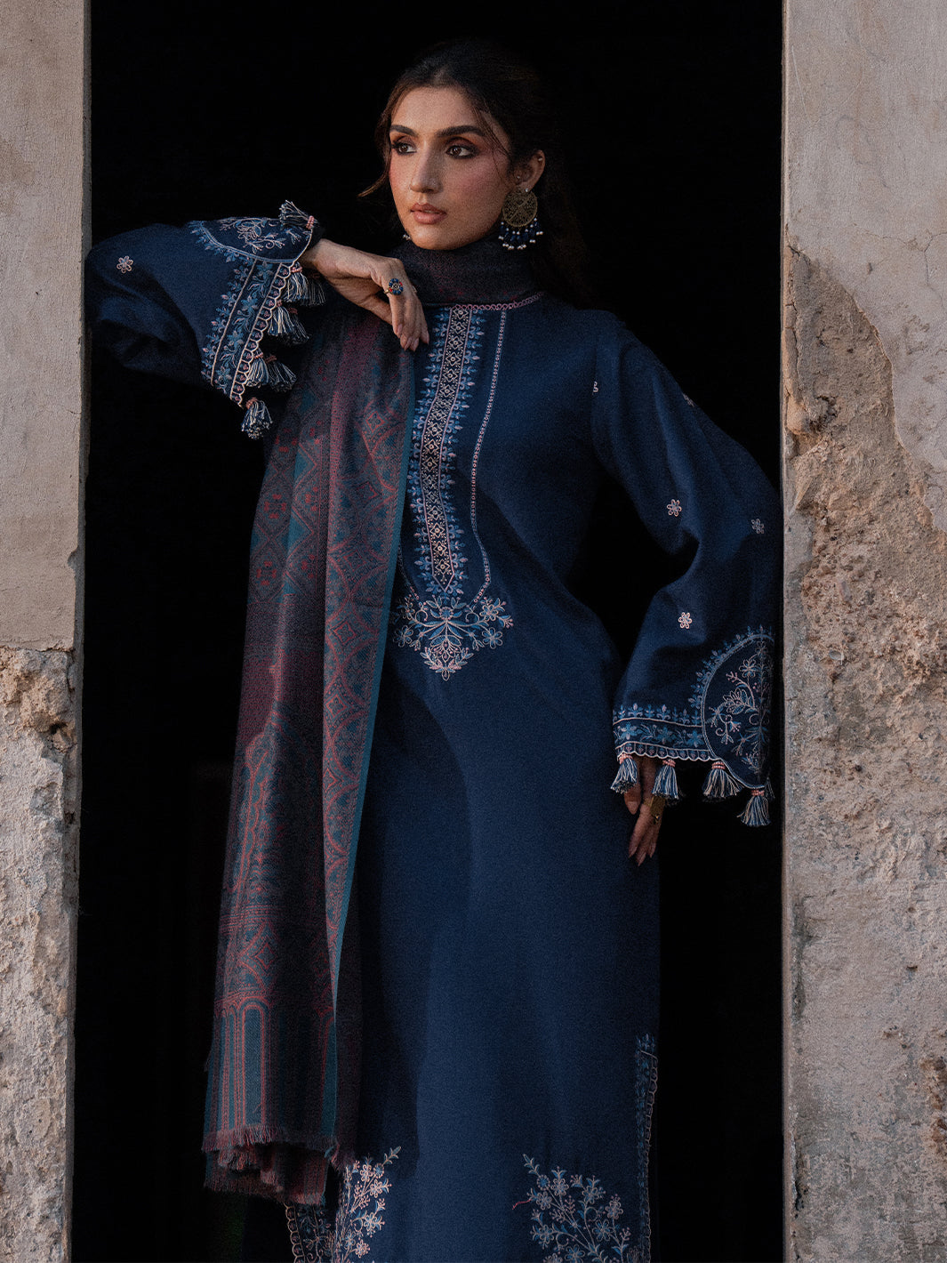 IZEL-3PC DHANAK EMBROIDERED SHIRT WITH COURTRAI PRINTED SHAWL & TROUSER-BIC-4350