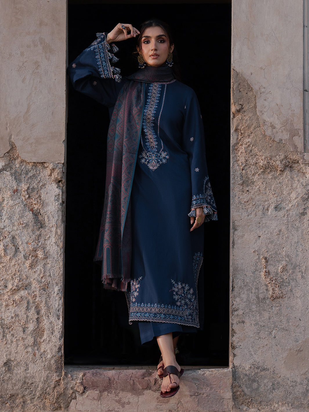 IZEL-3PC DHANAK EMBROIDERED SHIRT WITH COURTRAI PRINTED SHAWL & TROUSER-BIC-4350