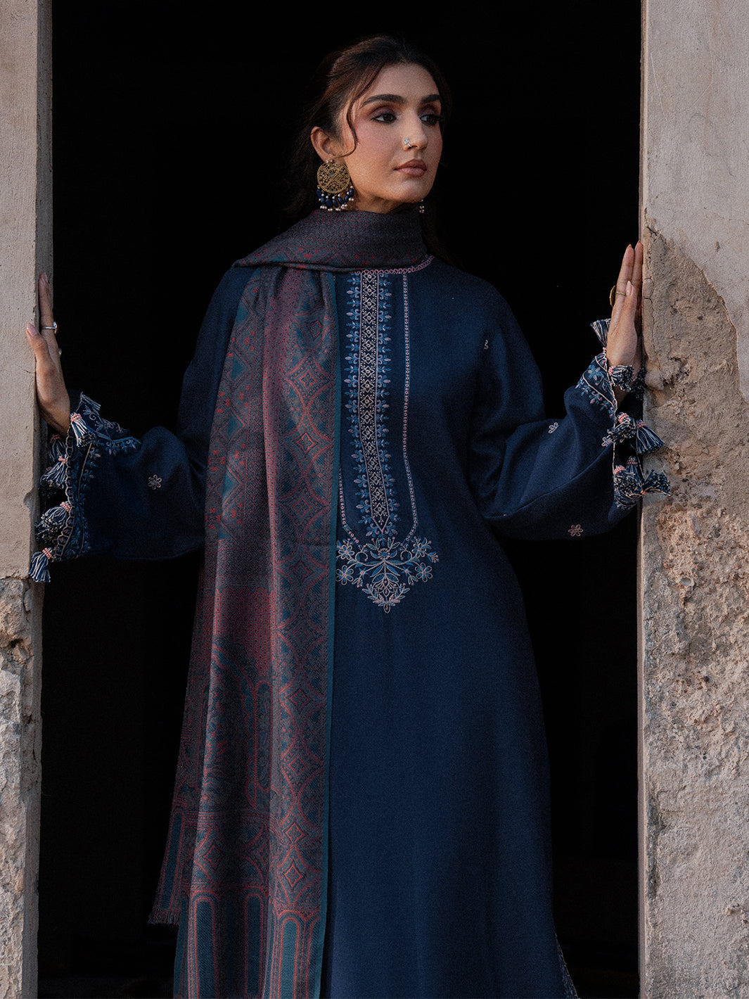 IZEL-3PC DHANAK EMBROIDERED SHIRT WITH COURTRAI PRINTED SHAWL & TROUSER-BIC-4350