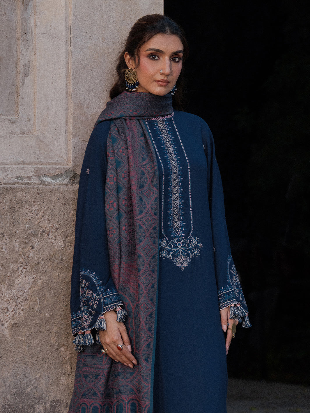 IZEL-3PC DHANAK EMBROIDERED SHIRT WITH COURTRAI PRINTED SHAWL & TROUSER-BIC-4350