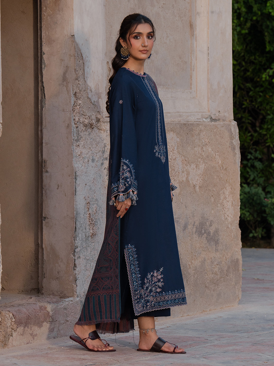 IZEL-3PC DHANAK EMBROIDERED SHIRT WITH COURTRAI PRINTED SHAWL & TROUSER-BIC-4350