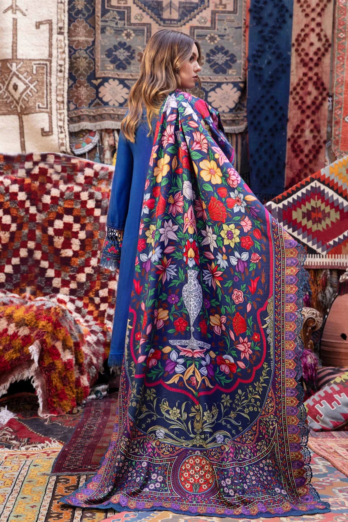 MARIA.B-3PC DHANAK EMBROIDERED SHIRT WITH COURTRAI PRINT SHAWL AND TROUSER-BIC-4075