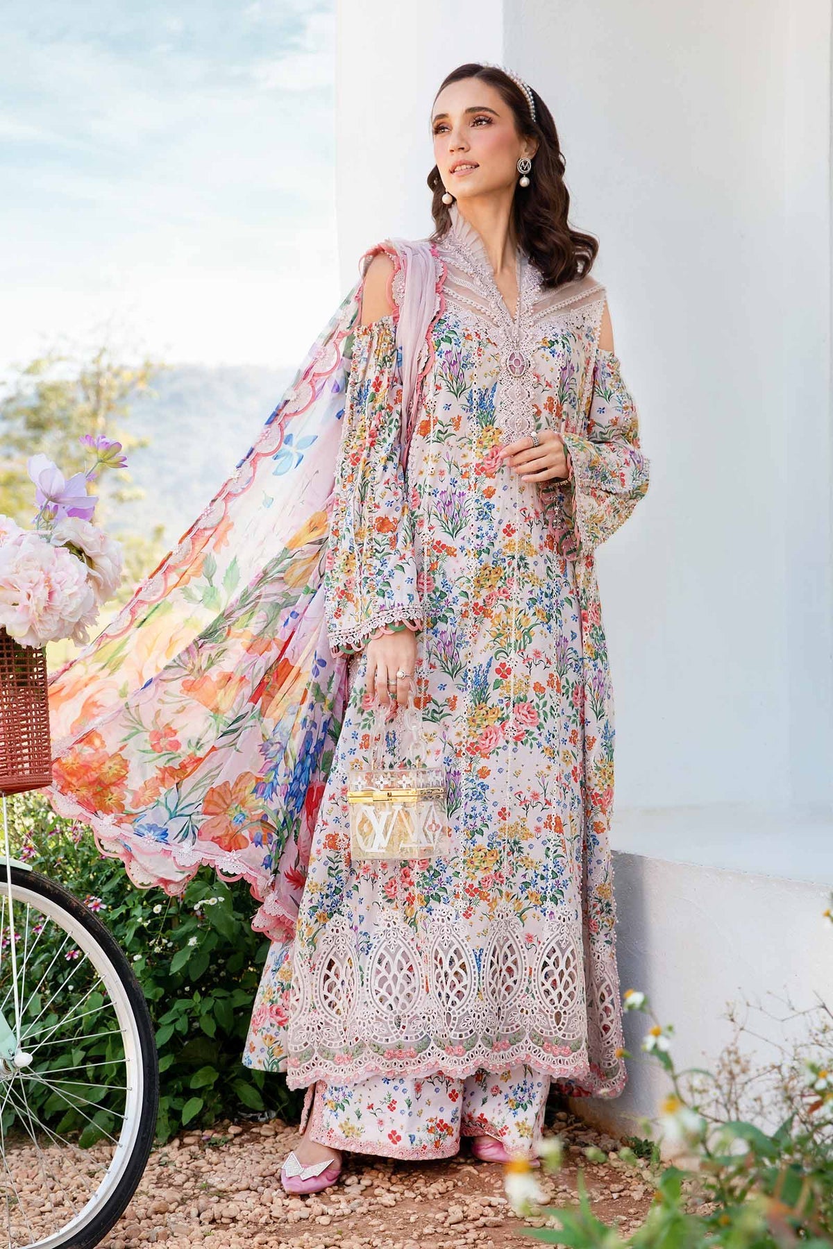 MARIA.B-3PC LAWN PRINTED EMB SHIRT WITH CHIFFON PRINT DUPATTA AND PRINT TROUSER-BIC-2503