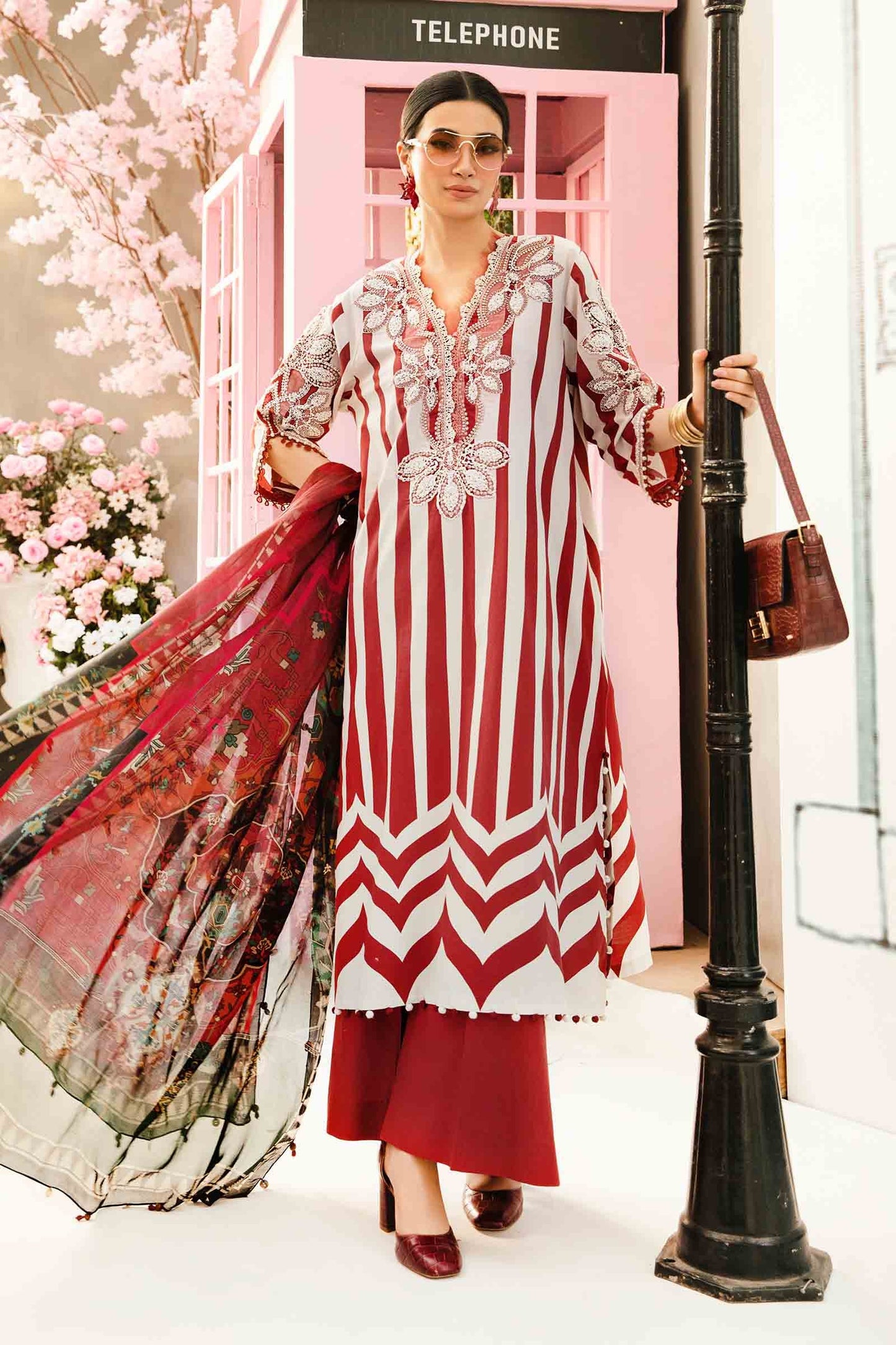 MARIA.B-3PC LAWN EMBROIDERED PRINTED SHIRT WITH CHIFFON PRINT DUPATTA AND PRINT TROUSER-BIC-