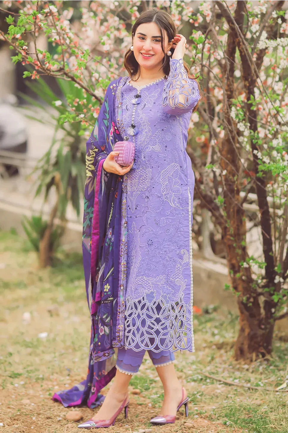 MUSHQ - 3PC DHANAK EMBROIDEREDSHIRT WITH COUTURE PRINTED SHAWL- BIC-4070