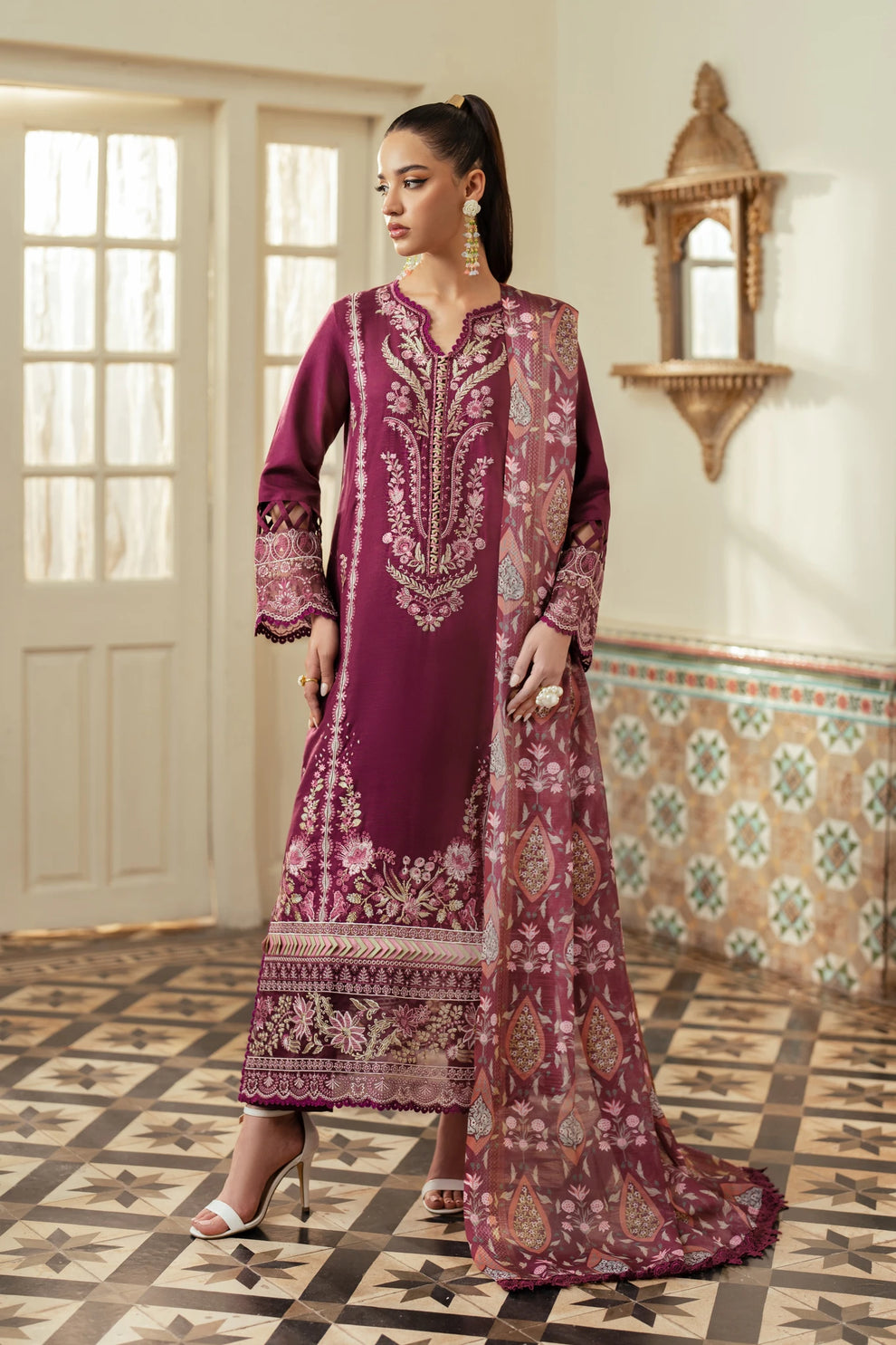 JAZMIN-3PC DHANAK EMBROIDERED SHIRT WITH COURTRAI WOOL PRINTED SHAWL AND TROUSER-BIC-4185