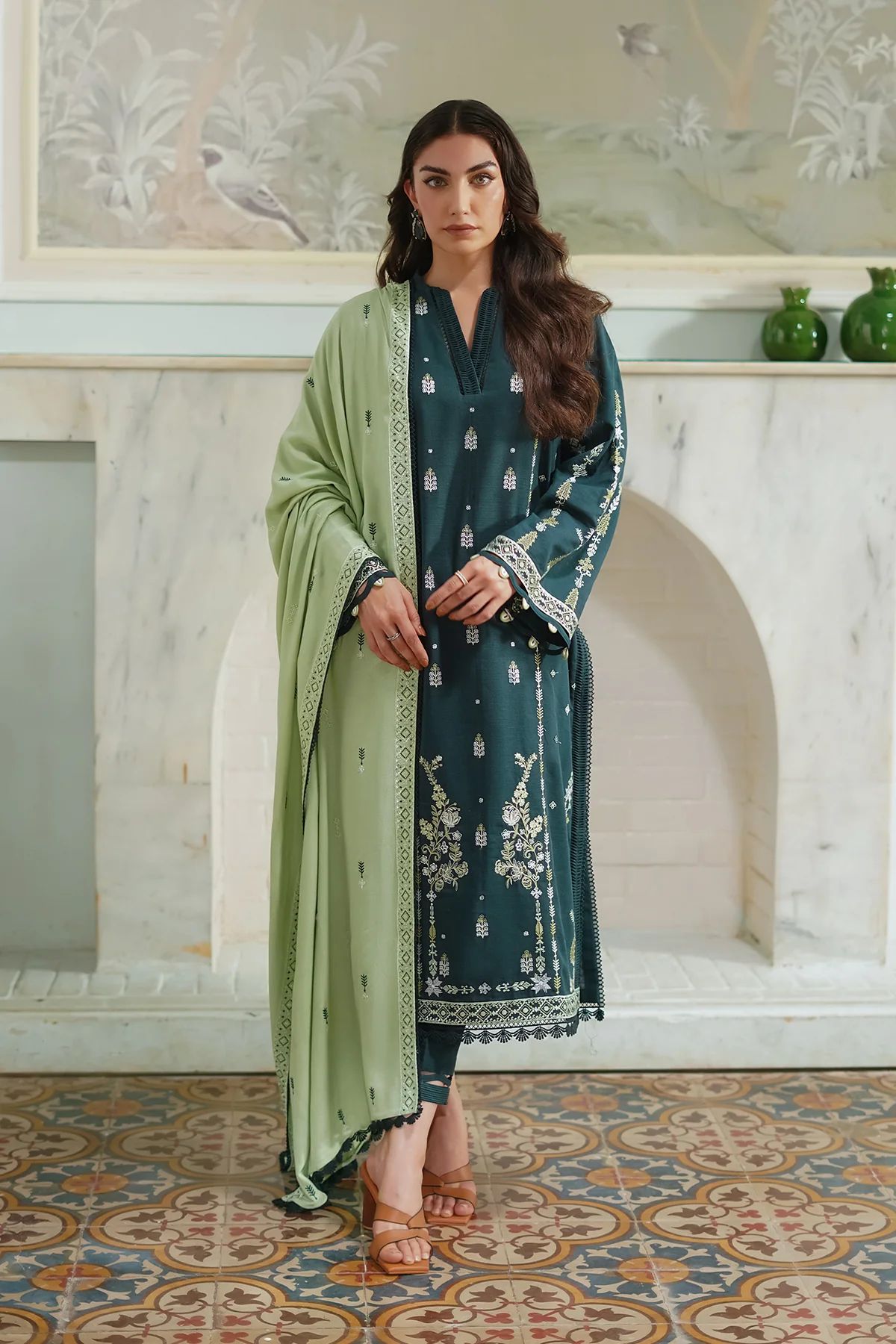 BATIK-3PC DHANAK EMBROIDERED SHIRT WITH DHANAK EMBROIDERED SHAWL & TROUSER-BIC-4178
